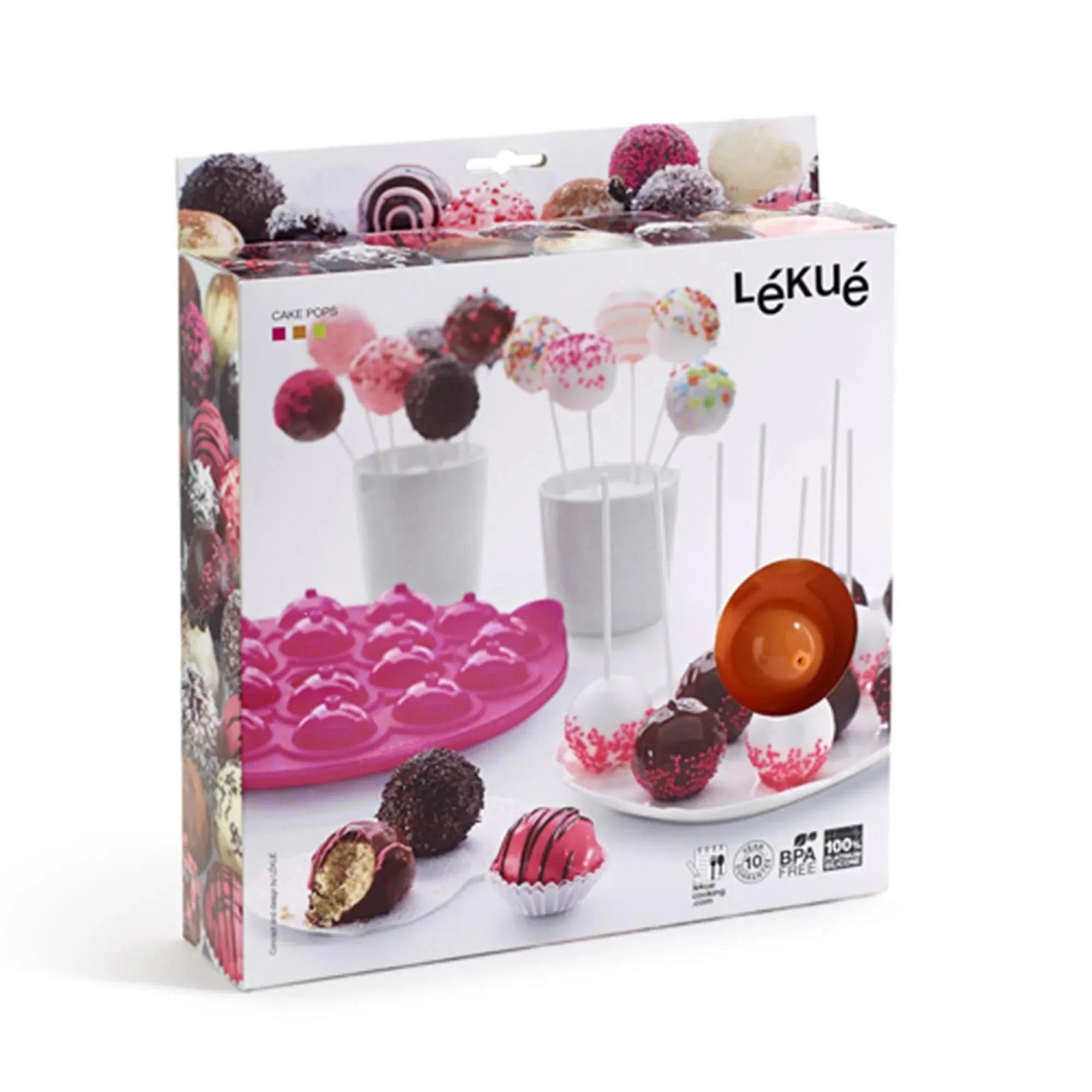 Kreative Pop Cakes mit Lékué: 18 pinke Formen, Ø25 cm, inkl. 20 Sticks. Flexibles, spülmaschinenfestes Silikon.