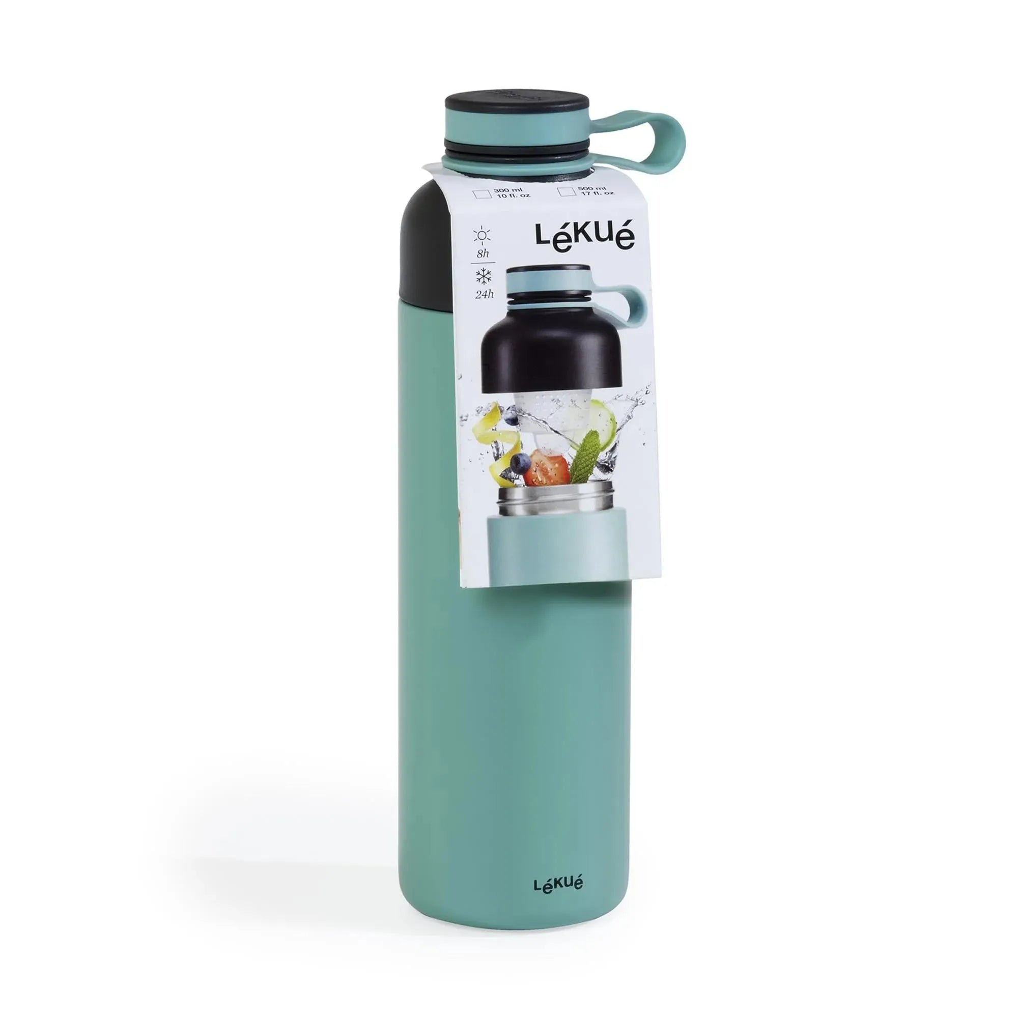 Die Lékué Insulated Bottle To Go 500 ml in Türkis hält Getränke 12h warm, ist aus Edelstahl, auslaufsicher und umweltfreundlich.