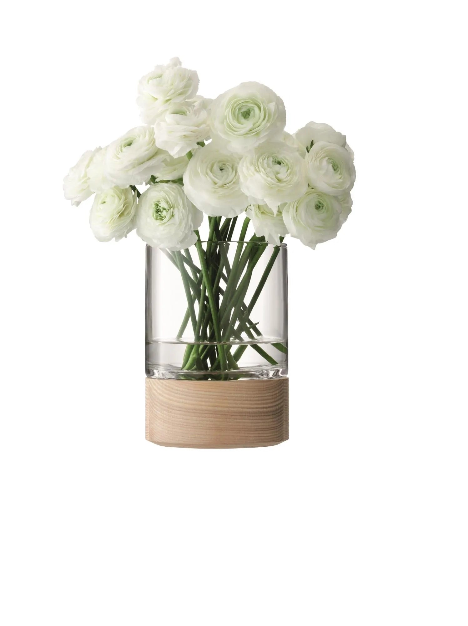 Elegante Vase aus Glas mit Eschenholz-Basis, 18 cm hoch, ideal für Blumen oder als Windlicht.