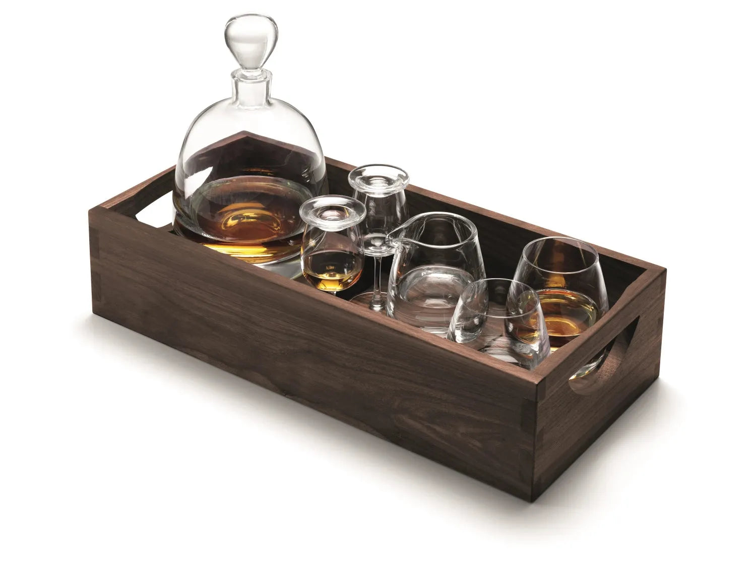 Elegantes Whisky-Set auf edlem Nussbaum-Tablett von LSA, 44cm.