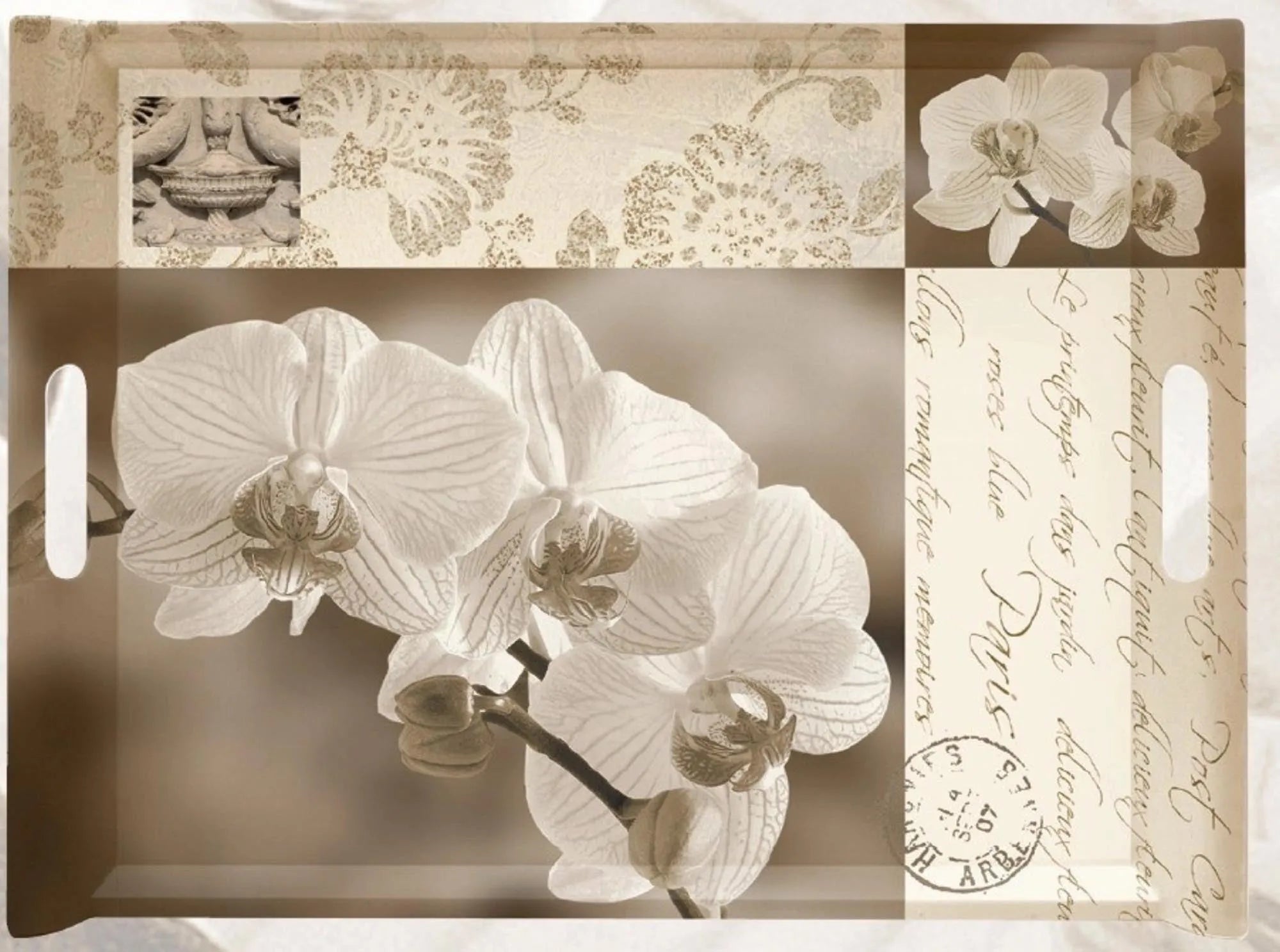 Elegantes Tablett mit nostalgischem Orchideen-Design, 45x31 cm, ideal zum Servieren und Dekorieren. Robust, stilvoll, vielseitig.