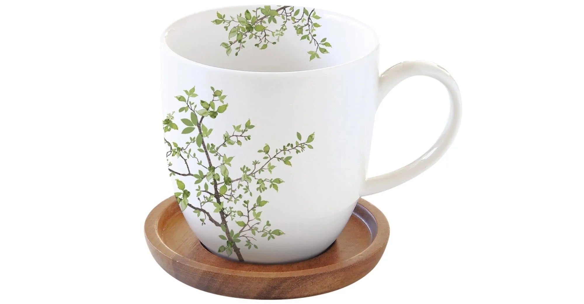 Elegante 350ml Porzellan-Tasse mit robustem Akazienholz-Untersetzer, ideal für Kaffee und Tee, stilvoll und langlebig.