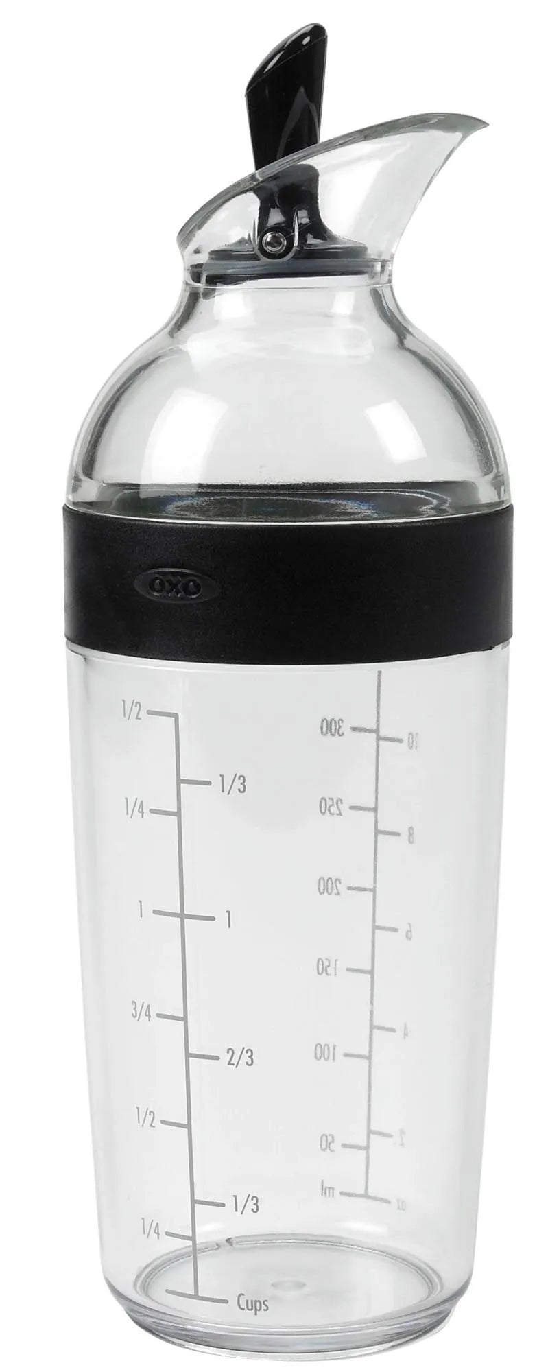 Eleganter OXO Salatdressing Shaker 350ml, schwarz, aus BPA-freiem Tritan, mit praktischer Ausgießöffnung, spülmaschinenfest.