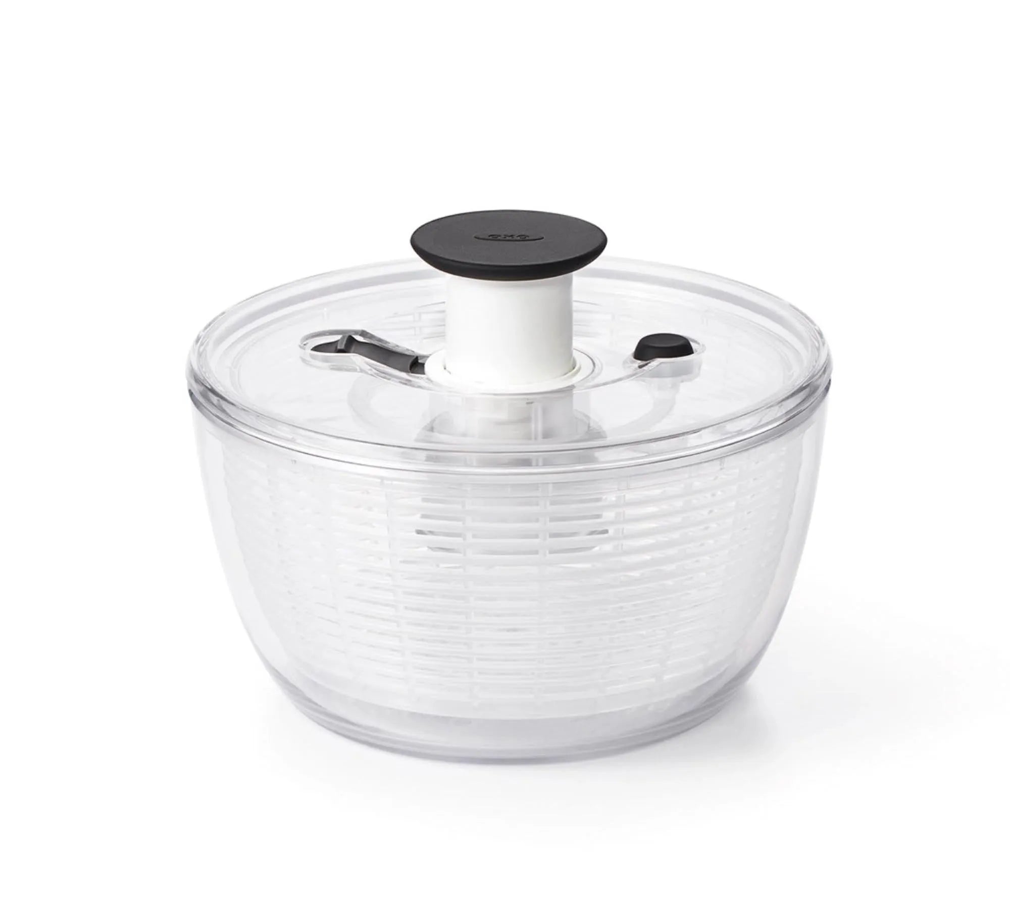 Große, transparente OXO Salatschleuder (5,8L, Ø26,7cm) für frische Salate. BPA-frei, langlebig, leicht zu reinigen. Perfekt für Salatliebhaber.