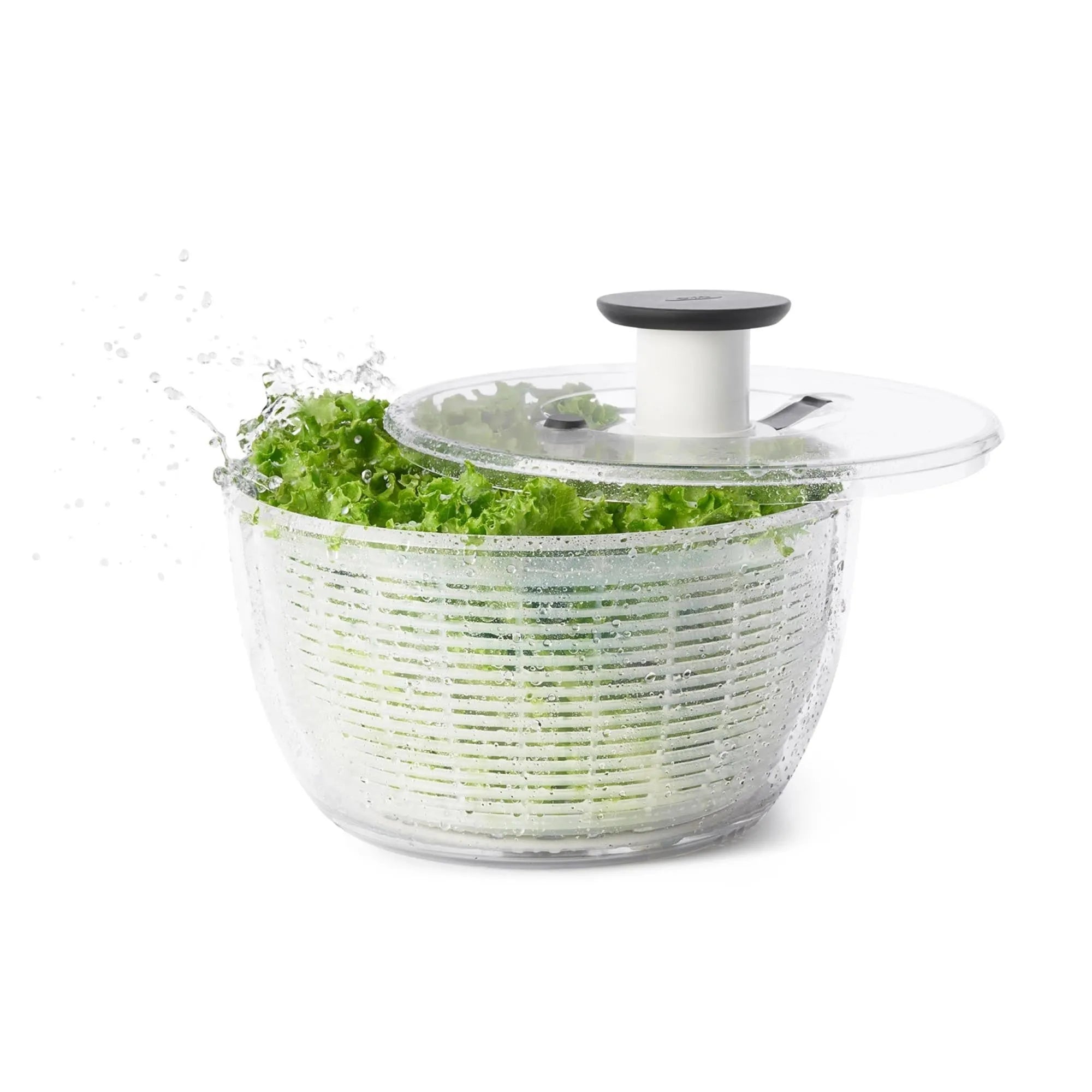 Große OXO Salatschleuder: 5,8 l, transparent, Ø26,7 cm, ideal für frische Salate.