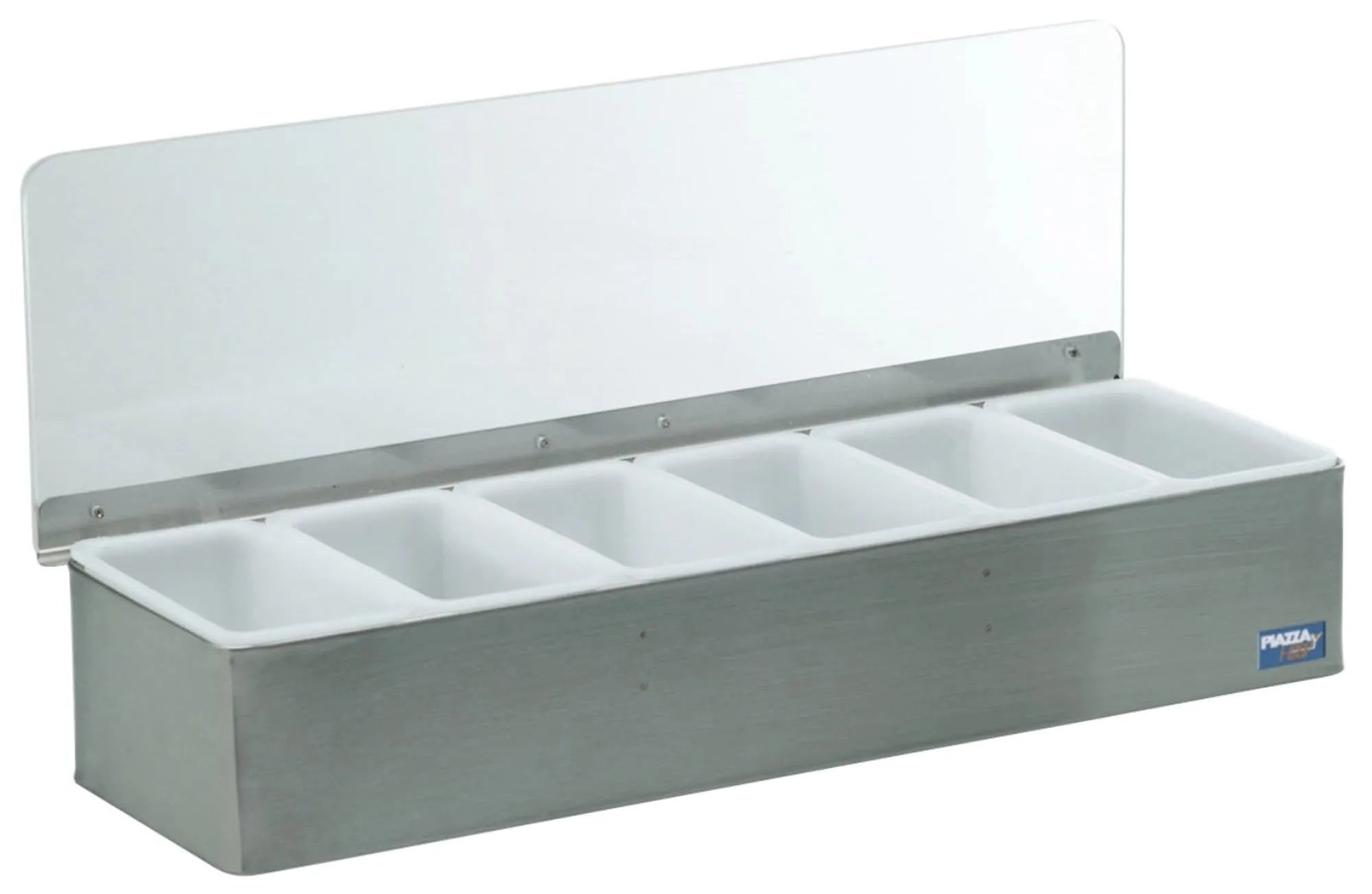 Elegante Edelstahl-Zutatenbox von Piazza: 6 Behälter für Früchte, Kräuter, Sirupe. Robust, hygienisch, ideal für Barkeeper.