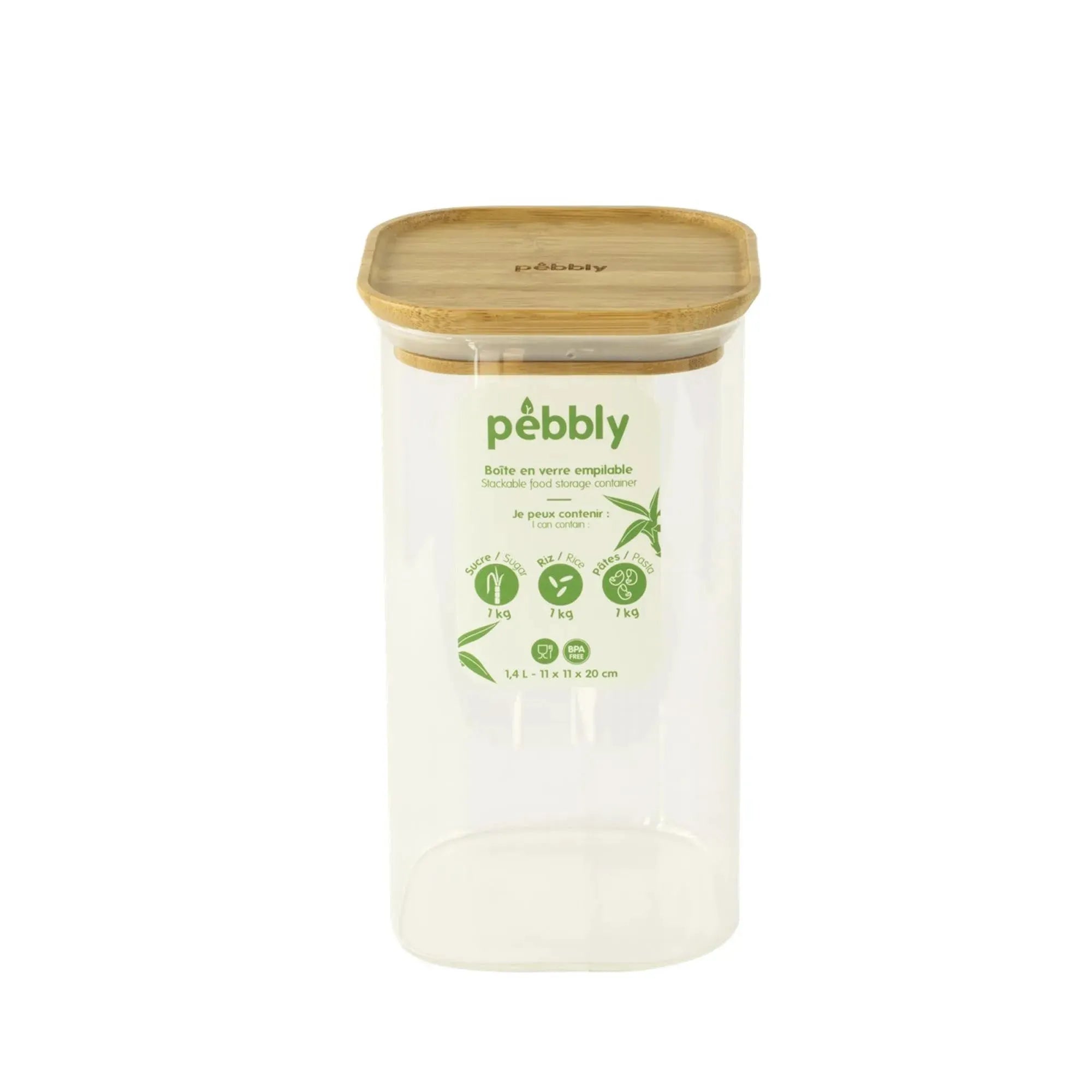 Elegantes Pebbly Vorratsglas (1,4 l) mit Bambusdeckel: stilvoll, nachhaltig, luftdicht, ideal für Reis, Pasta, Snacks. Kompakt und robust.