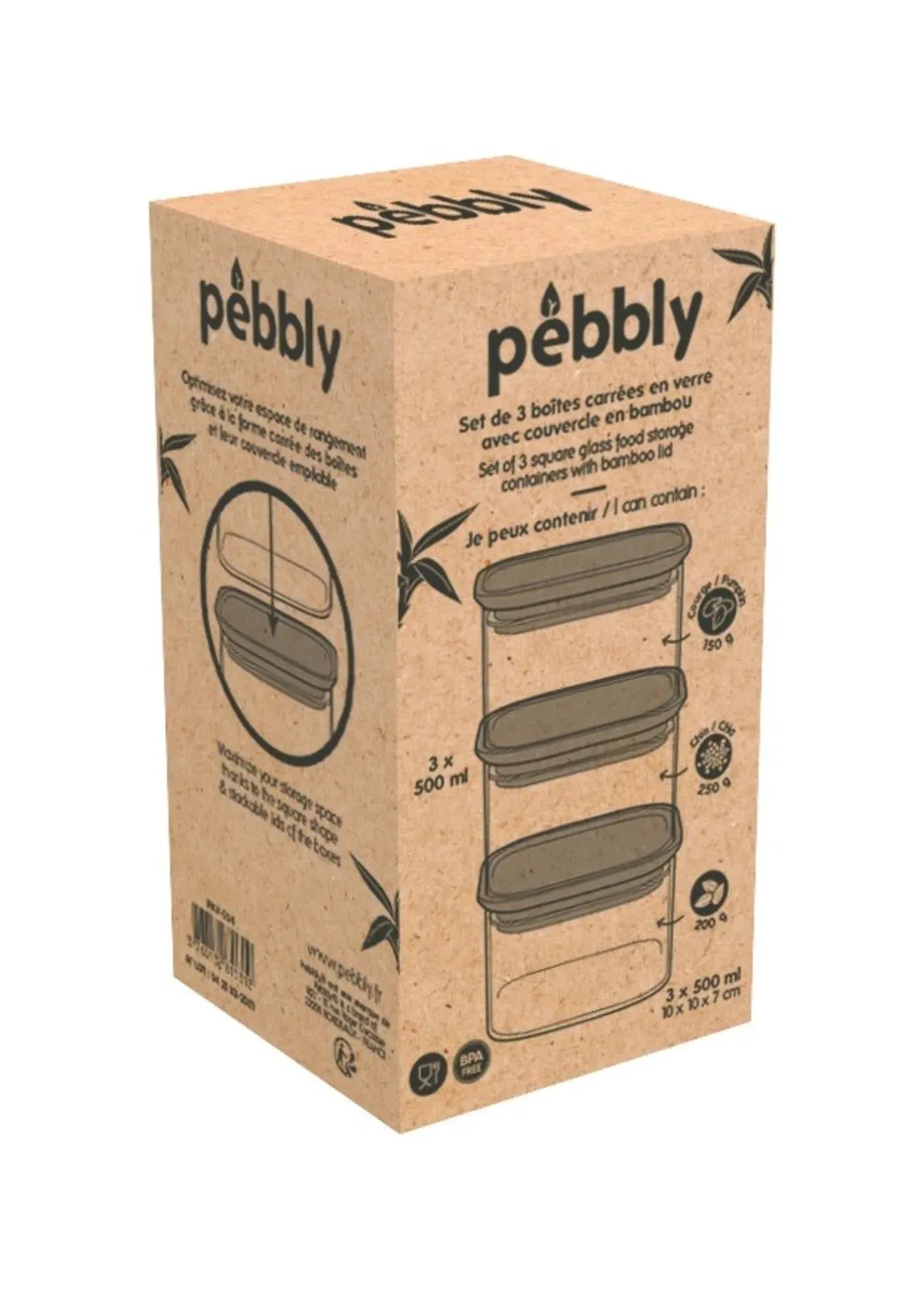 3er Set Pebbly Vorratsglas mit Bambusdeckel 0.5lt - KAQTU Design