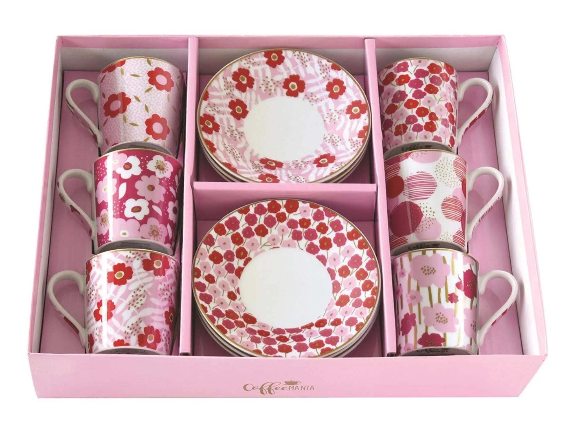 Coffee Mania 6er Espr.-Tasse m. Untert. "Blumen pink" 100ml - KAQTU Design