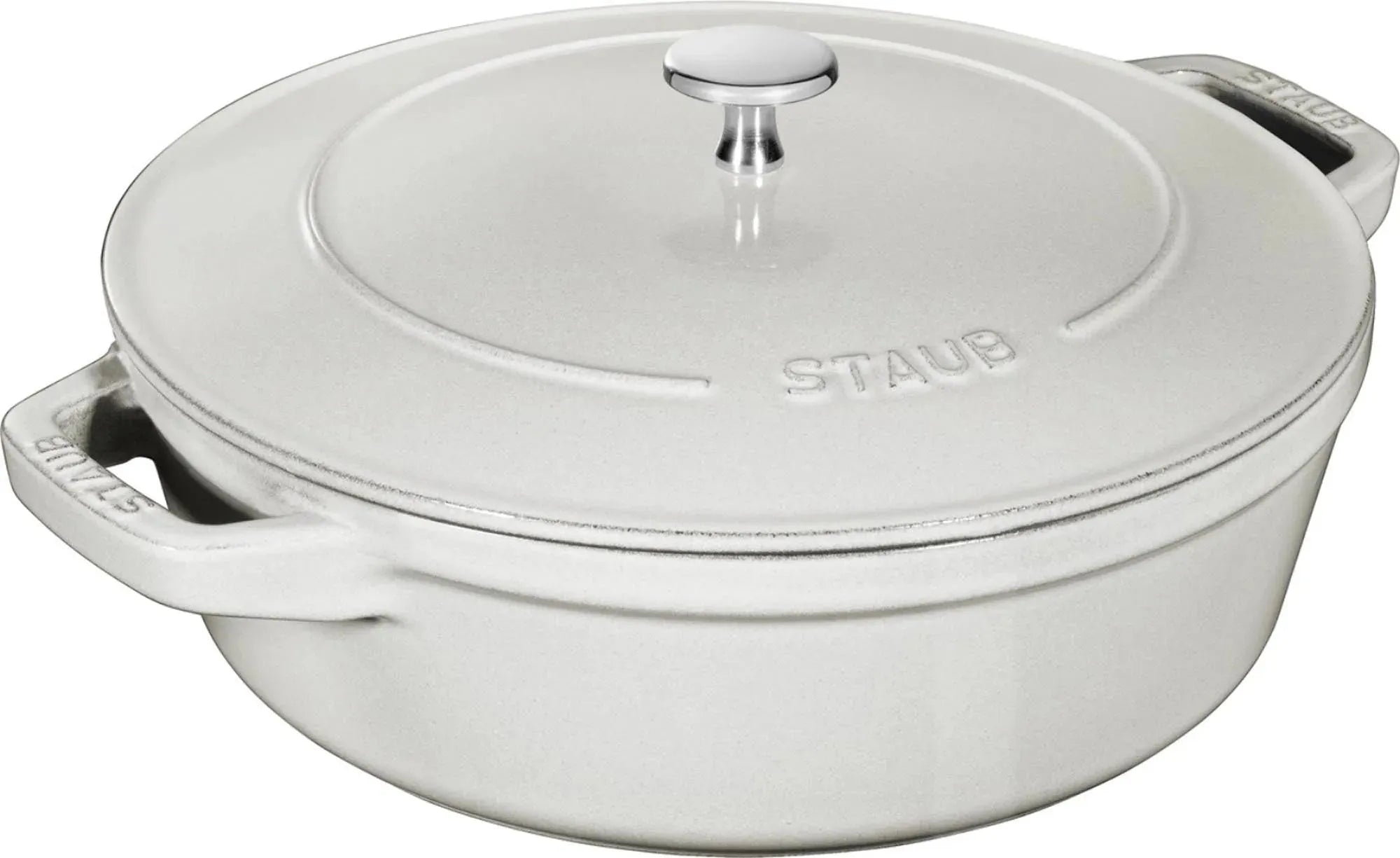 Staub Cocotte 24 cm, 4-teilig, Weißer Trüffel, platzsparend stapelbar.