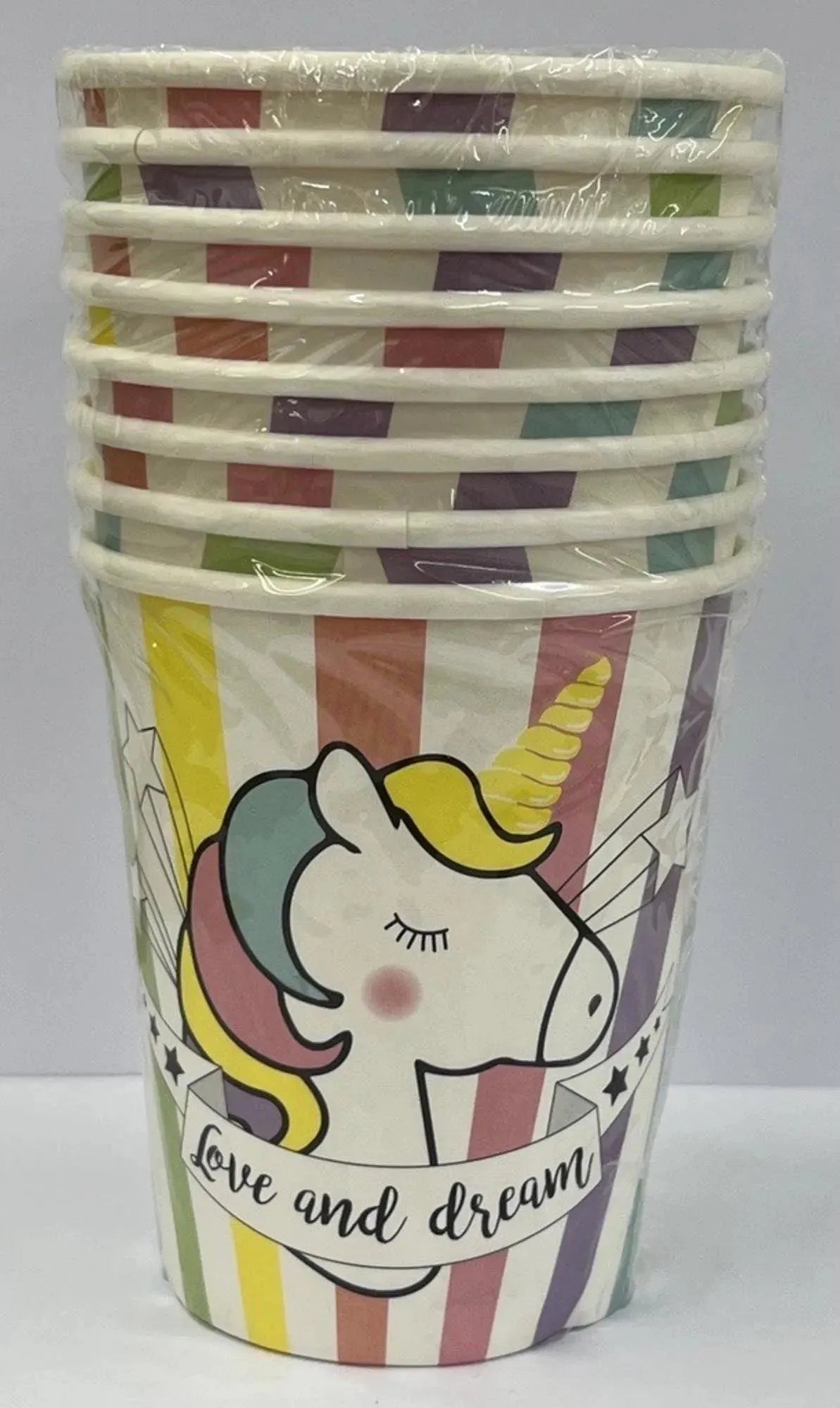 Bunte Einhorn-Pappbecher 25cl für zauberhafte Kinderpartys.