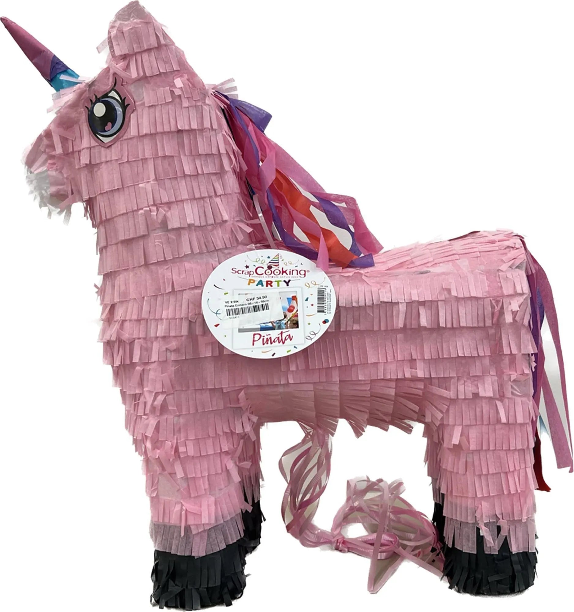 Buntes Einhorn-Pinata 36×16×58cm für magische Feiern von Scrap Cooking.