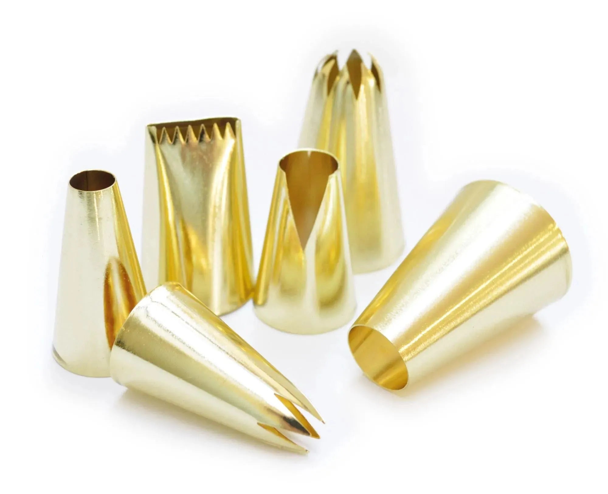 Elegantes 6er Set goldener Spritztüllen aus Edelstahl für kreative Tortendekoration. Ideal für Hobbybäcker.