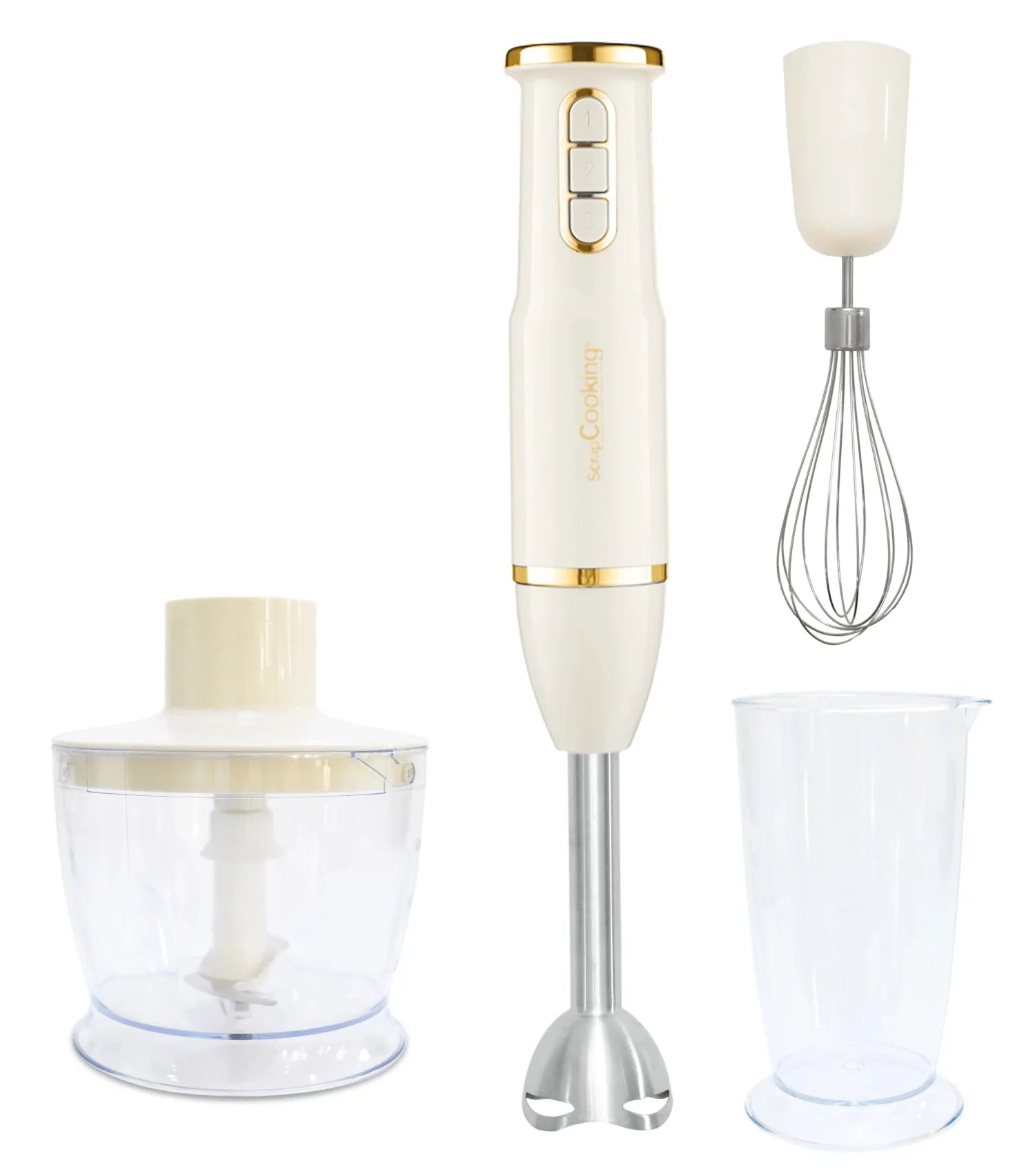 Vielseitiger 3-in-1 Handmixer von Scrap Cooking: Mixen, schlagen, zerkleinern mit Edelstahl und ergonomischem Design. Kompakt und leistungsstark.