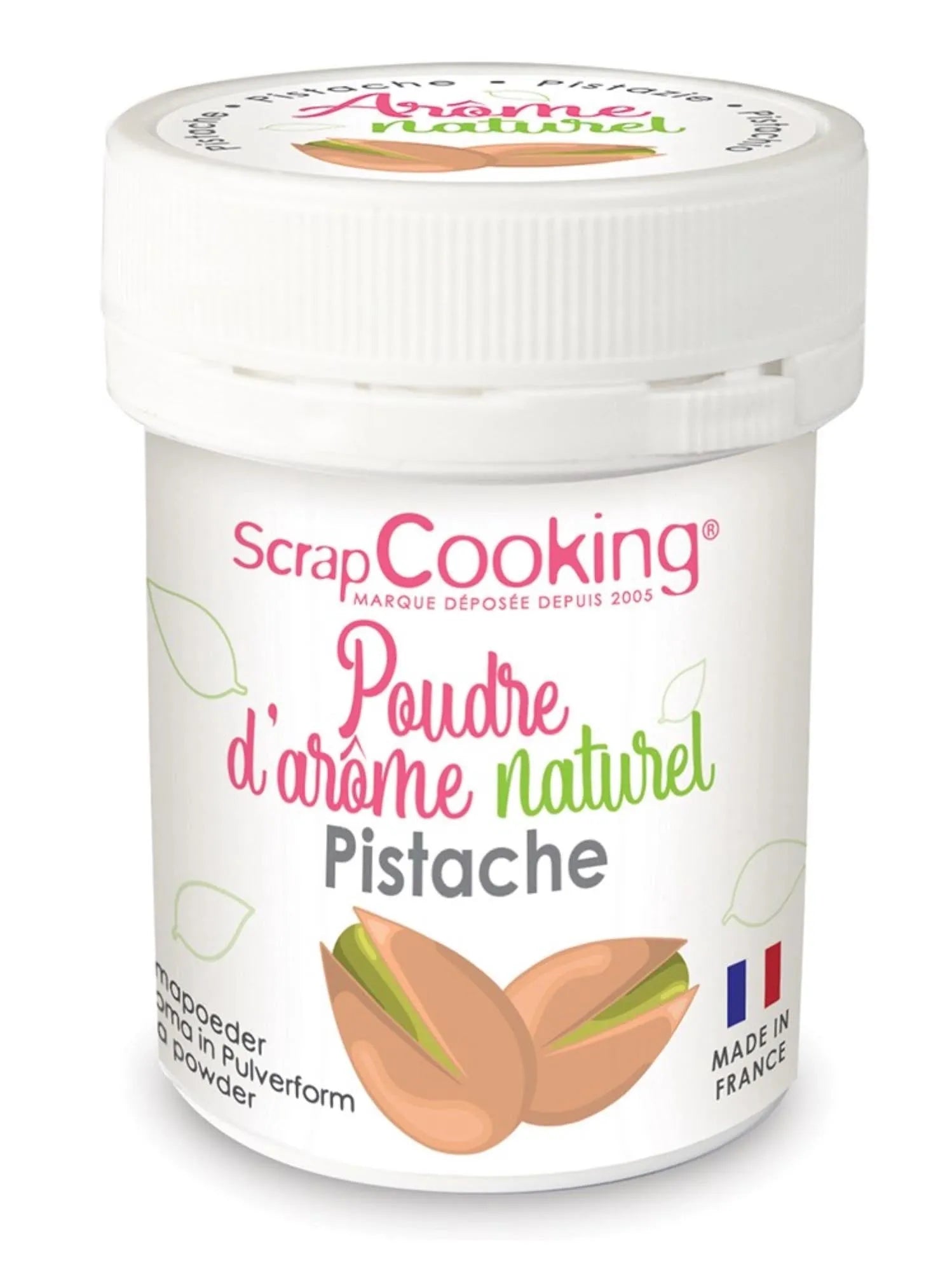 Das Natur Aroma Farbpulver Pistazie von Scrap Cooking verleiht Backwaren intensive Farbe, ist glutenfrei, vegan und ideal für kreative Küche.