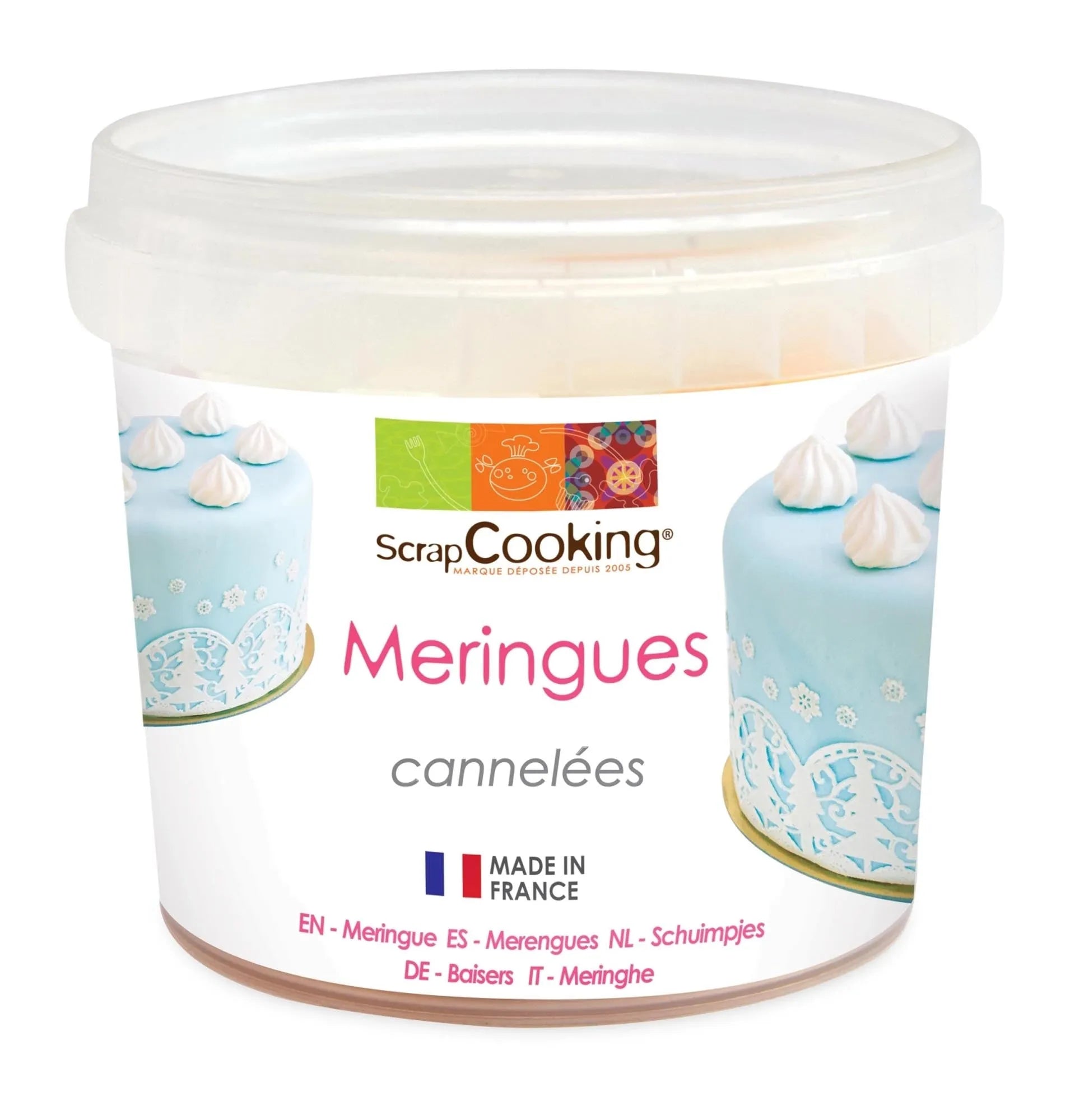 Die "Merinquesgeriffelt 40g" von Scrap Cooking sind knusprige, luftige Baisers aus feiner französischer Merinque, ideal als Dessert-Topping.