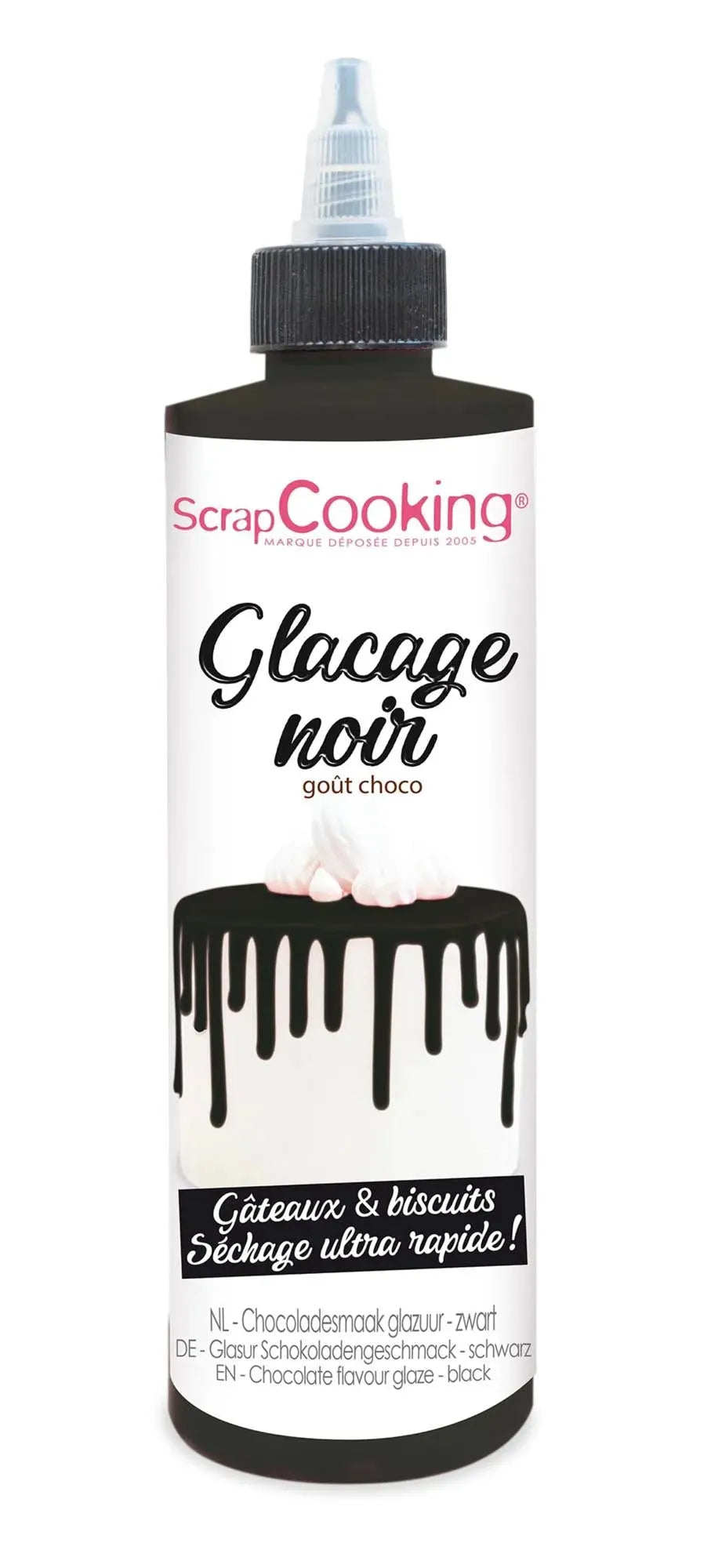 Elegante, tiefschwarze Schokoladenglasur für Drip Cakes, 130g. Intensiver Geschmack, einfach anzuwenden, ideal für besondere Anlässe.