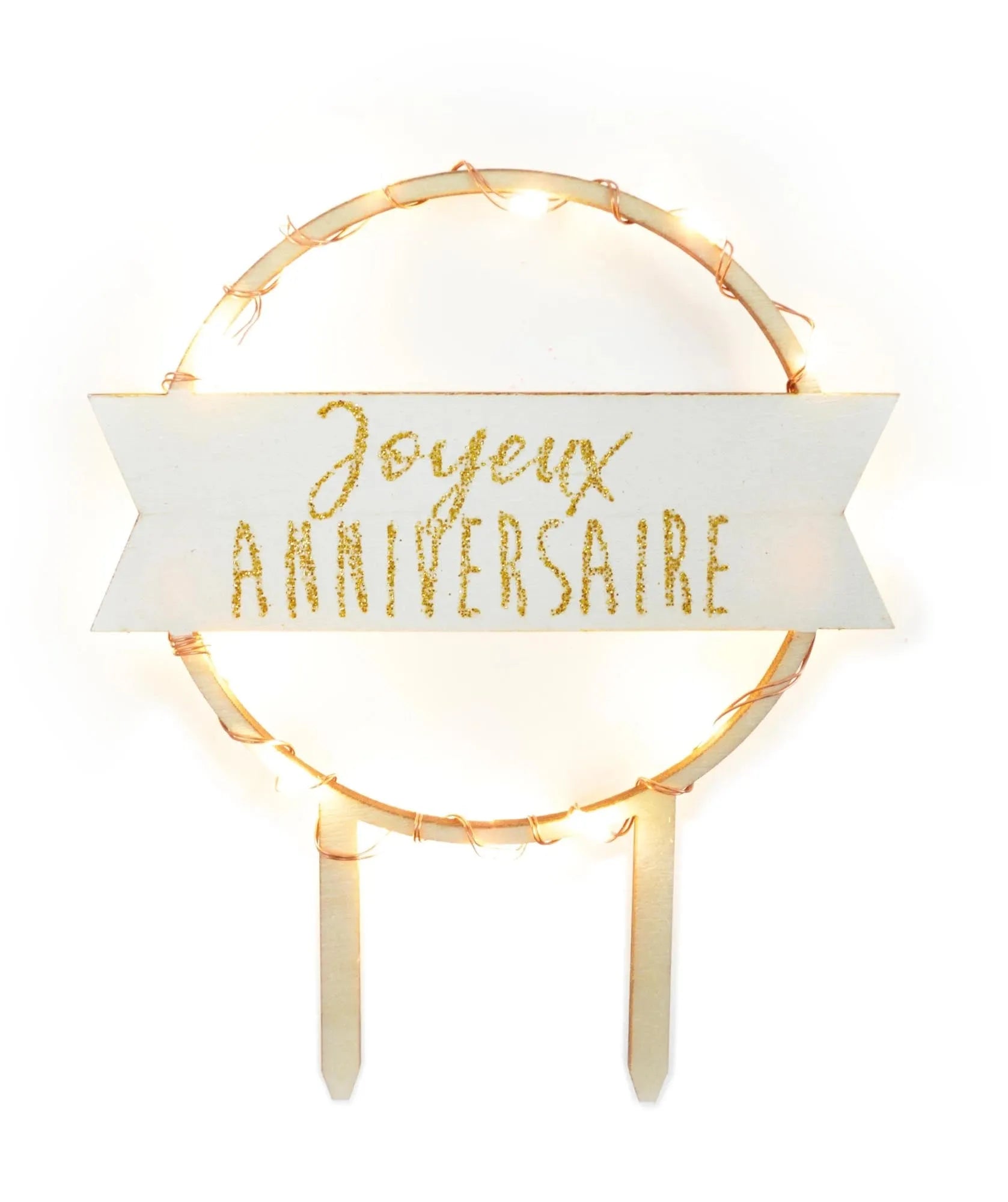 Stilvoller Cake Topper aus Holz mit LED, "Joyeux Anniversaire". Perfekt für Geburtstagskuchen, wiederverwendbar, 15x20 cm.