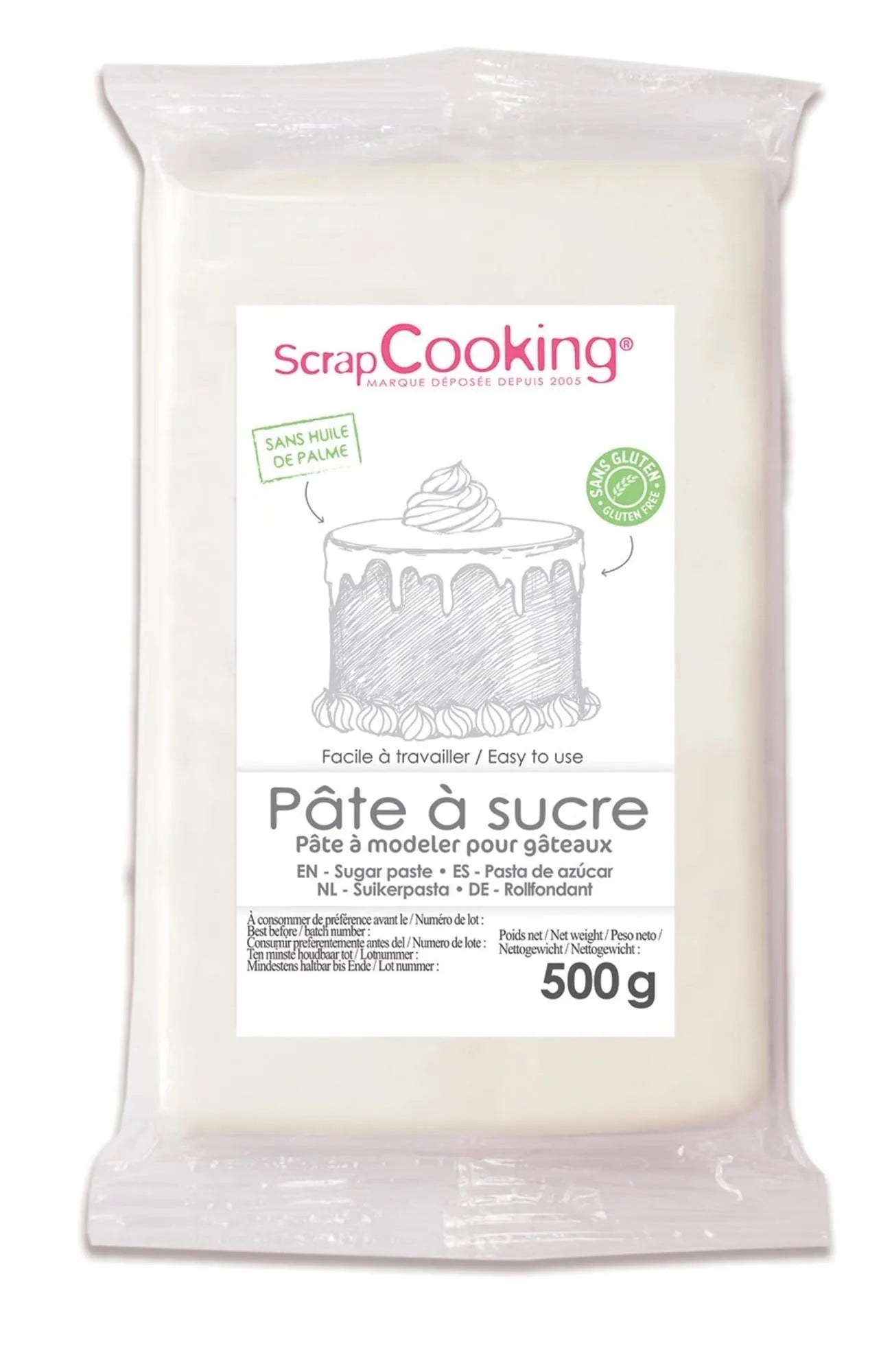 Hochwertige weiße Zuckerpaste 500g von Scrap Cooking: Ideal für Torten, Cupcakes, kreative Dekorationen. Einfach formbar, elastisch, geschmackneutral.