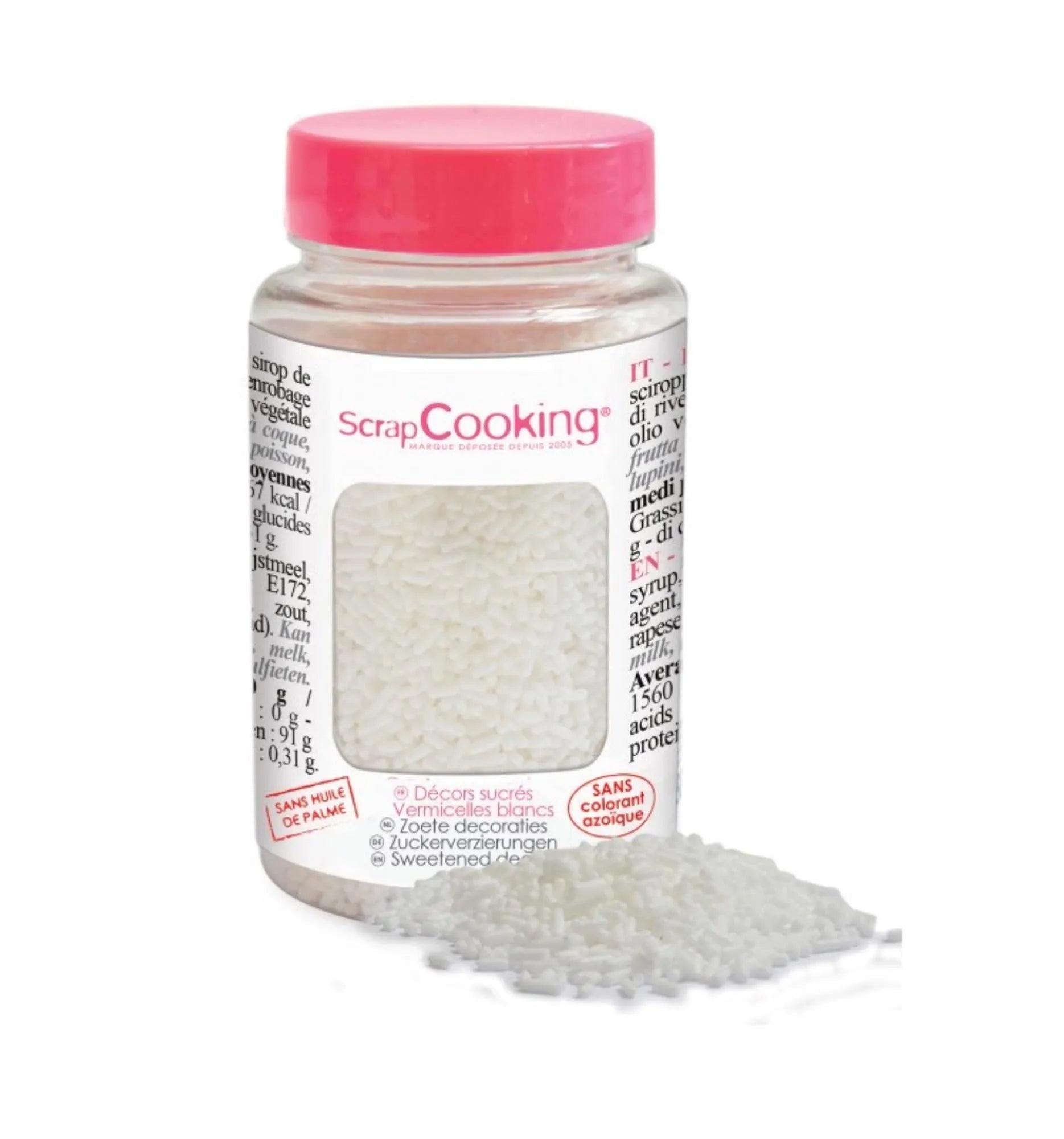 Veredeln Sie Ihre Desserts mit den weißen Zucker Vermicelles von Scrap Cooking. Perfekt für Torten, Cupcakes und mehr. 80g.