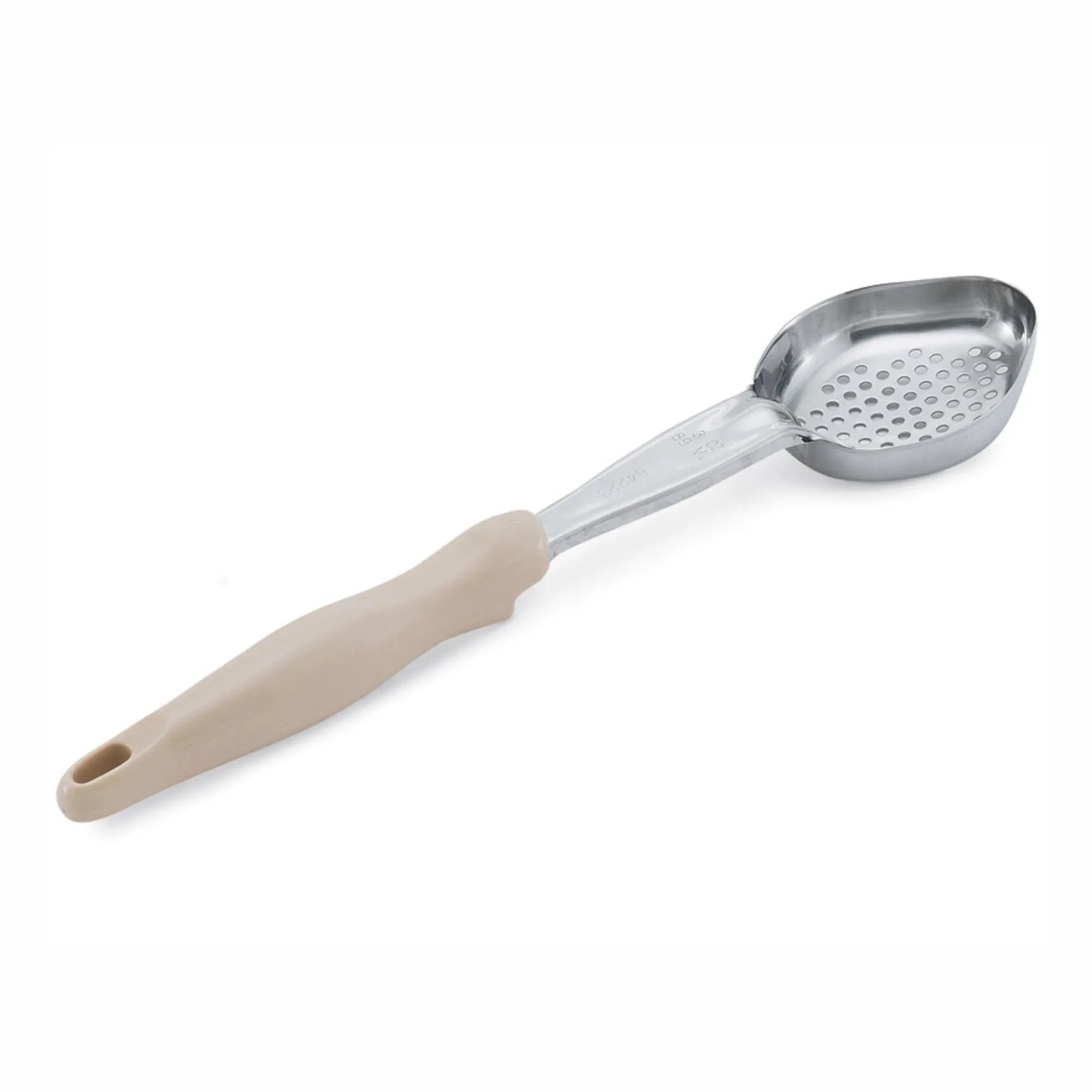 Ovaler Schöpflöffel von Vollrath, 90ml, 34cm, Edelstahl, beige Griff, langlebig, ergonomisch, ideal für präzises Portionieren.