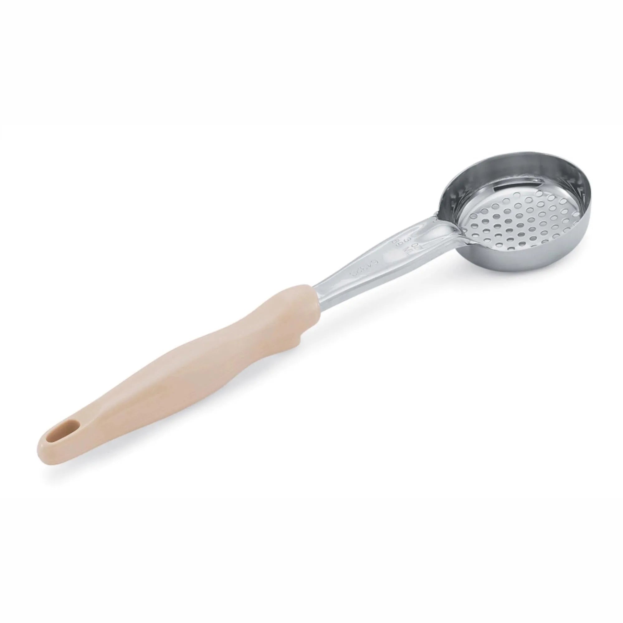 Robuster Edelstahl-Schöpflöffel Ø7,4cm, 90ml, beige Griff, 33cm lang. Ideal für präzise Portionen und komfortables Schöpfen.