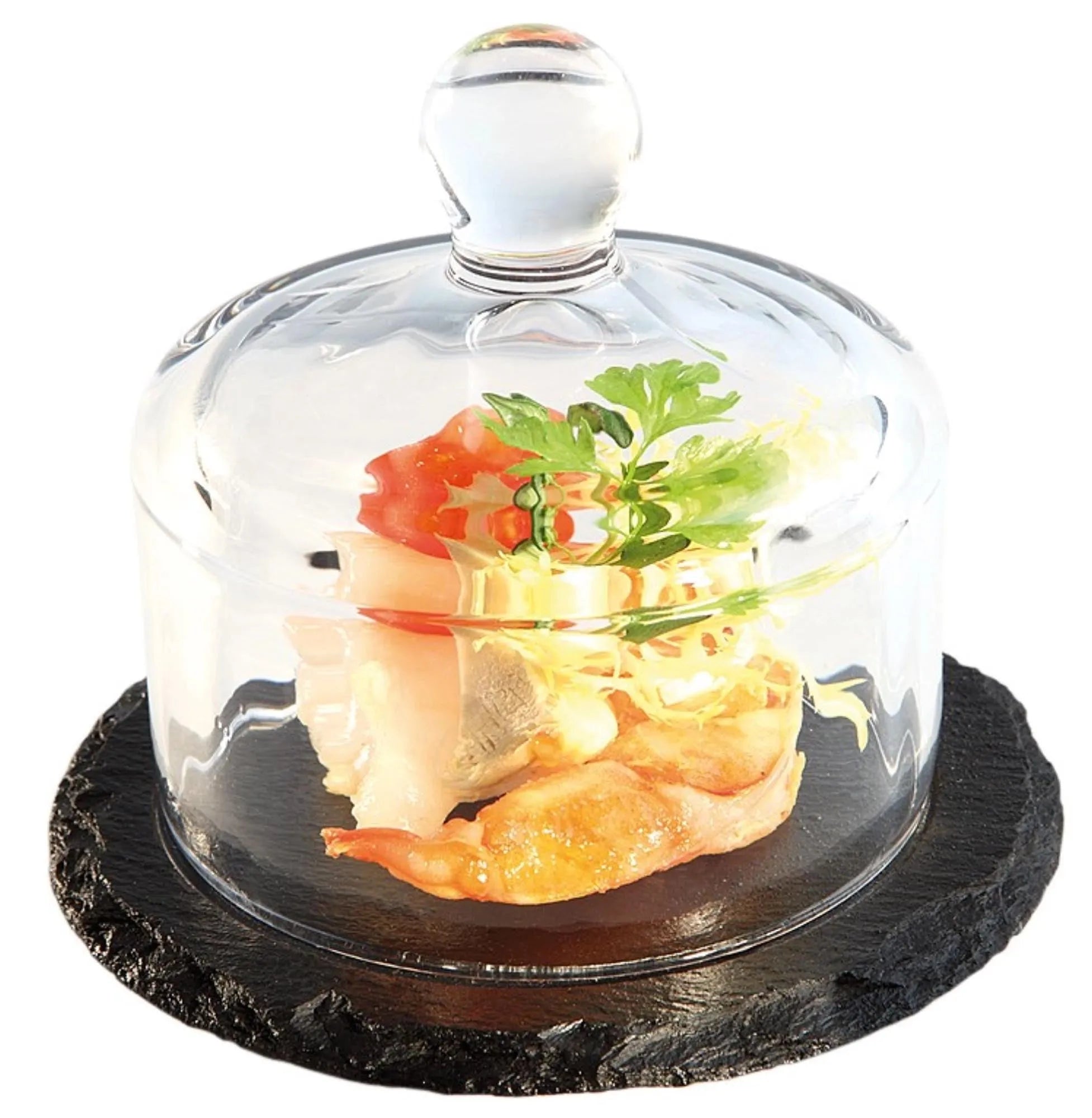 Naturschieferplatte rund 10.5cm mit Glashaube in Schwarz/Transparent präsentiert im Onlineshop von KAQTU Design AG. Platte ist von Buffet&Display