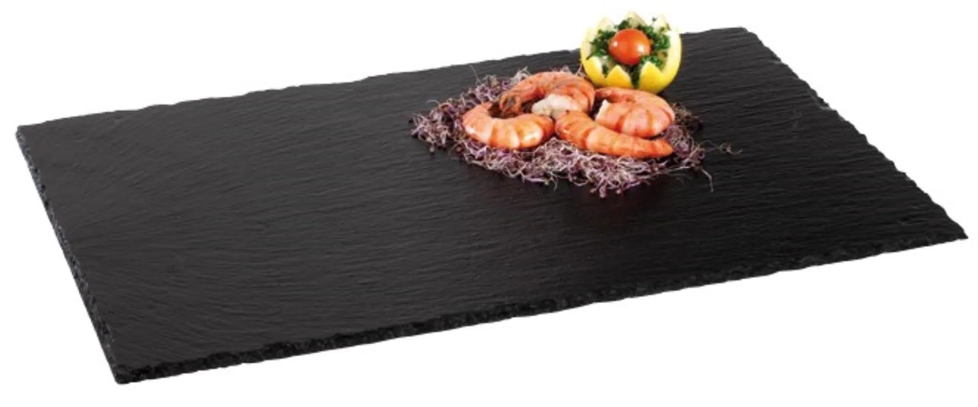 Elegante Naturschieferplatte 53x32.5cm: robust, kratzfest, ideal für Buffets, Catering und Restaurants. Perfekt für Käse, Antipasti, Desserts.