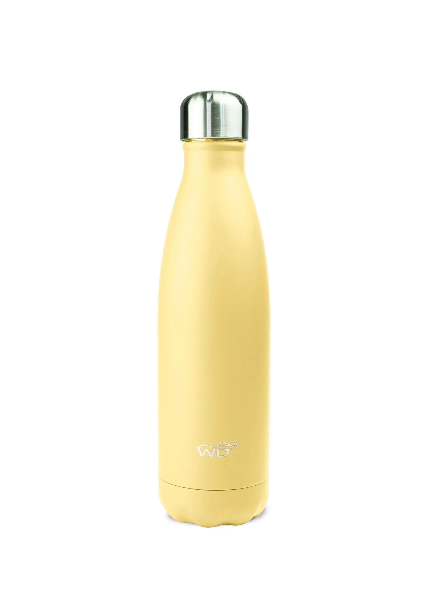 Hellgelbe 500ml Isolierflasche von Easy Life: doppelwandig, auslaufsicher, hält Getränke warm oder kalt, ideal für unterwegs.