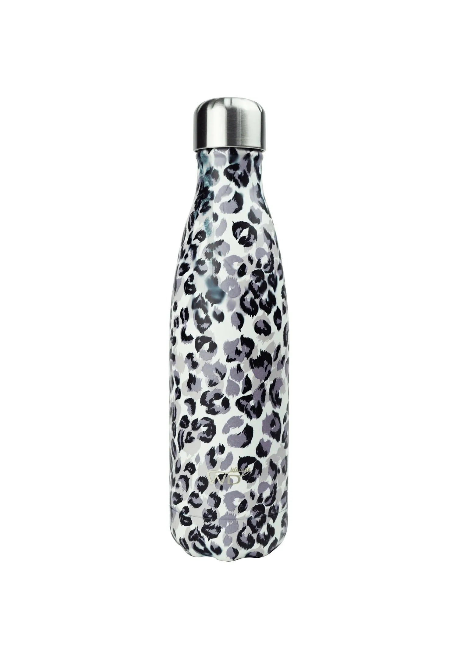 Stilvolle 500ml Isolierflasche in Leopard-Optik von Easy Life: robust, doppelwandig, hält Getränke heiß oder kalt, BPA-frei, umweltfreundlich.