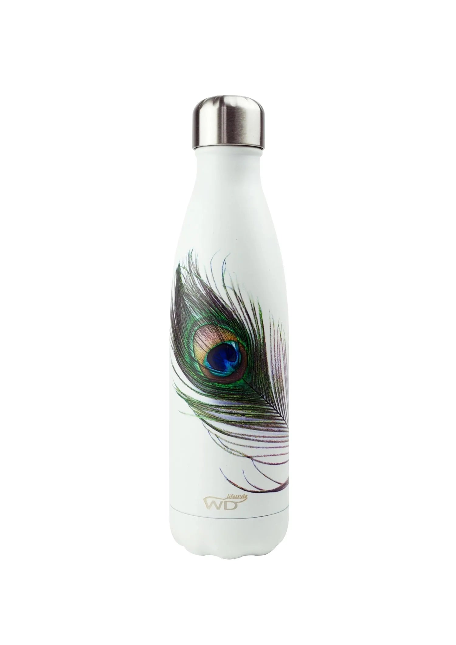 Stilvolle 500ml Isolierflasche im Pfau-Design von Easy Life: doppelwandig, aus Edelstahl, hält Getränke heiß/kalt, umweltfreundlich.