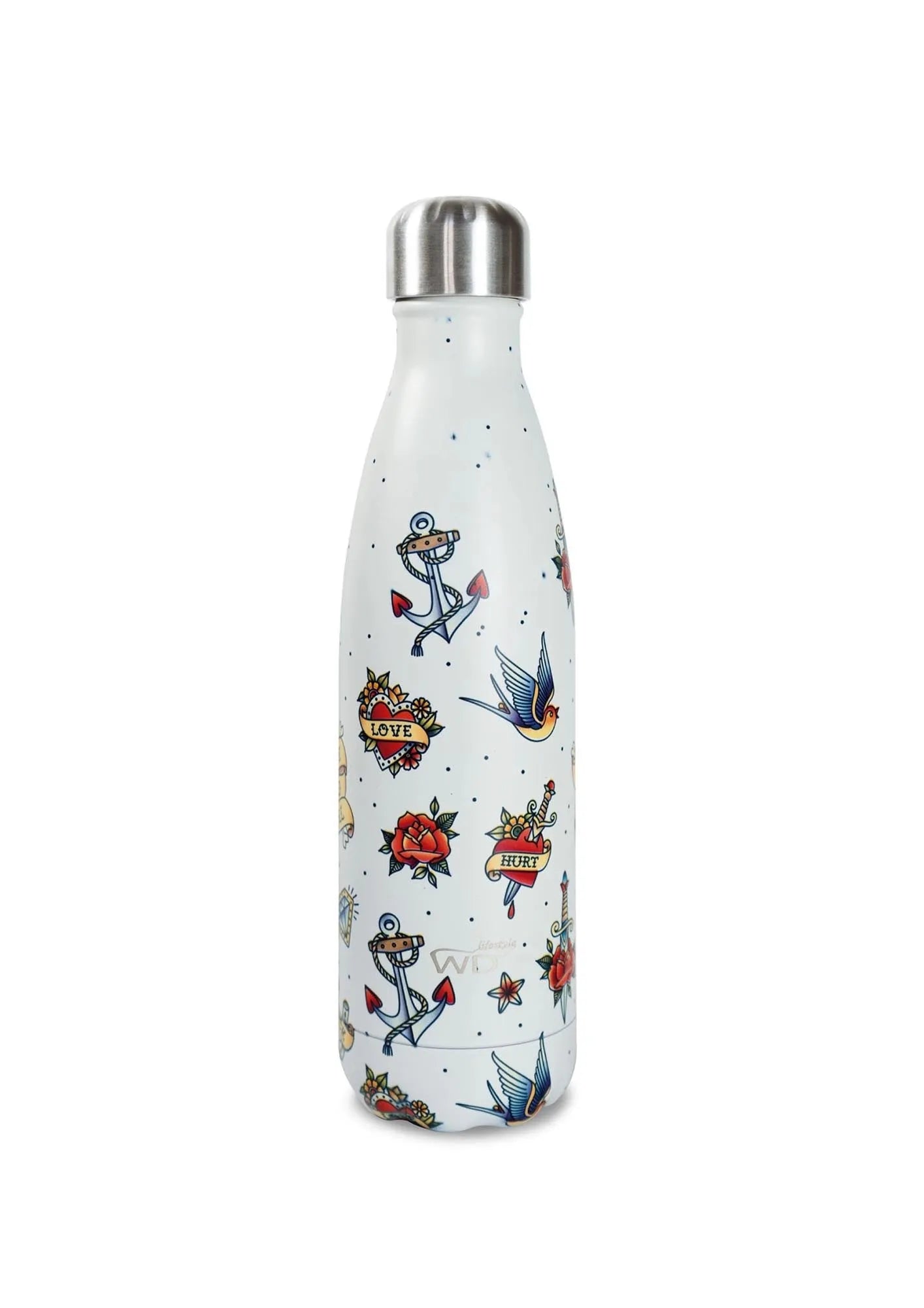 Stilvolle 500ml Isolierflasche von Easy Life, hält Getränke 12h heiß, 24h kalt. Tattoo-Design, BPA-frei, auslaufsicher.