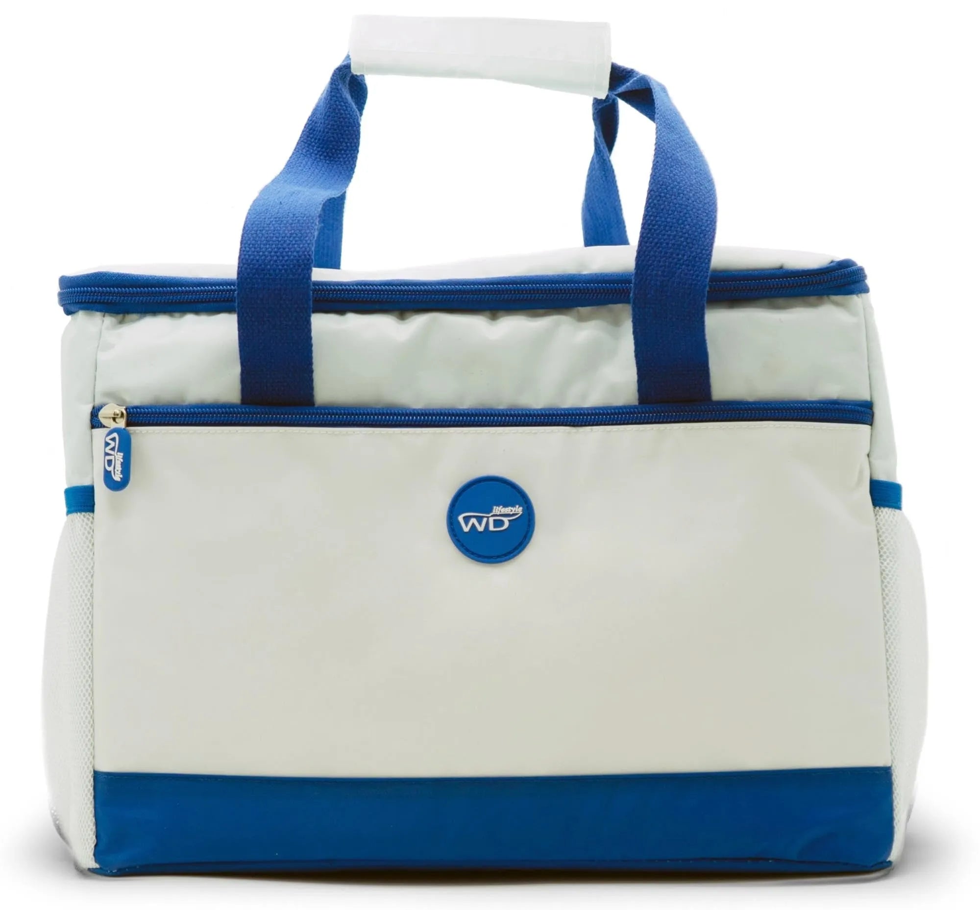 Die stilvolle Premium Thermo Bag von Easy Life in Weiß und Blau, 25L, hält Speisen und Getränke perfekt temperiert – ideal für Strand, Picknick oder Einkauf.