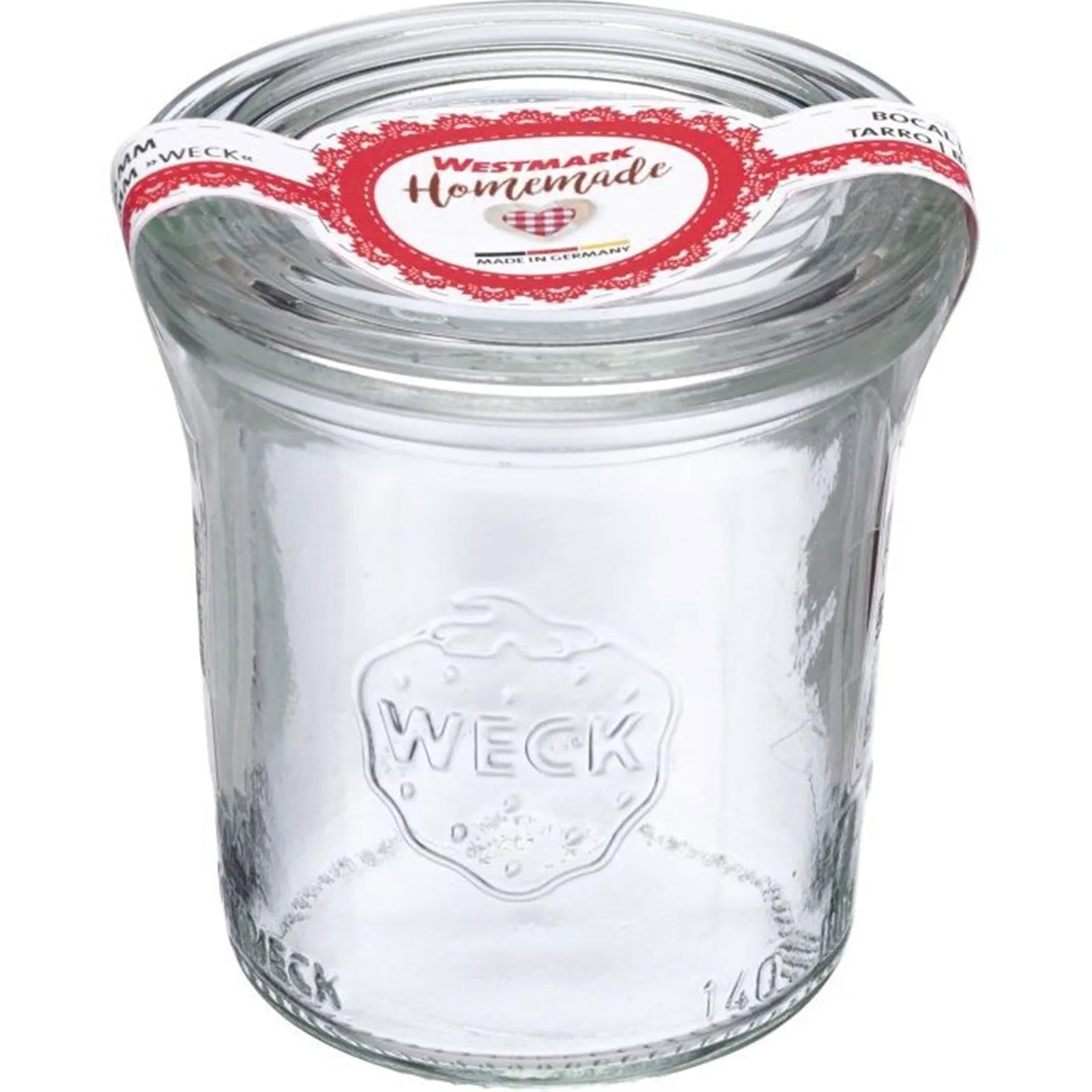 Elegantes 140ml Weck-Sturzglas von Westmark, perfekt für Marmeladen, Saucen und mehr. Robust, hitzebeständig und spülmaschinenfest.