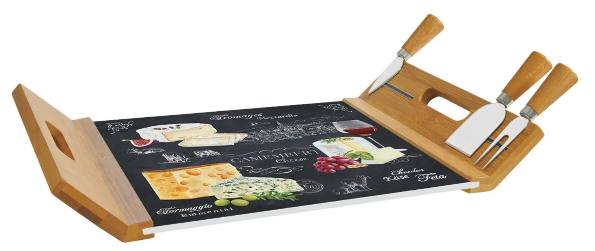 World of Cheese Serviertablett m. 4 Messern, Bambus, 44cm - KAQTU Design