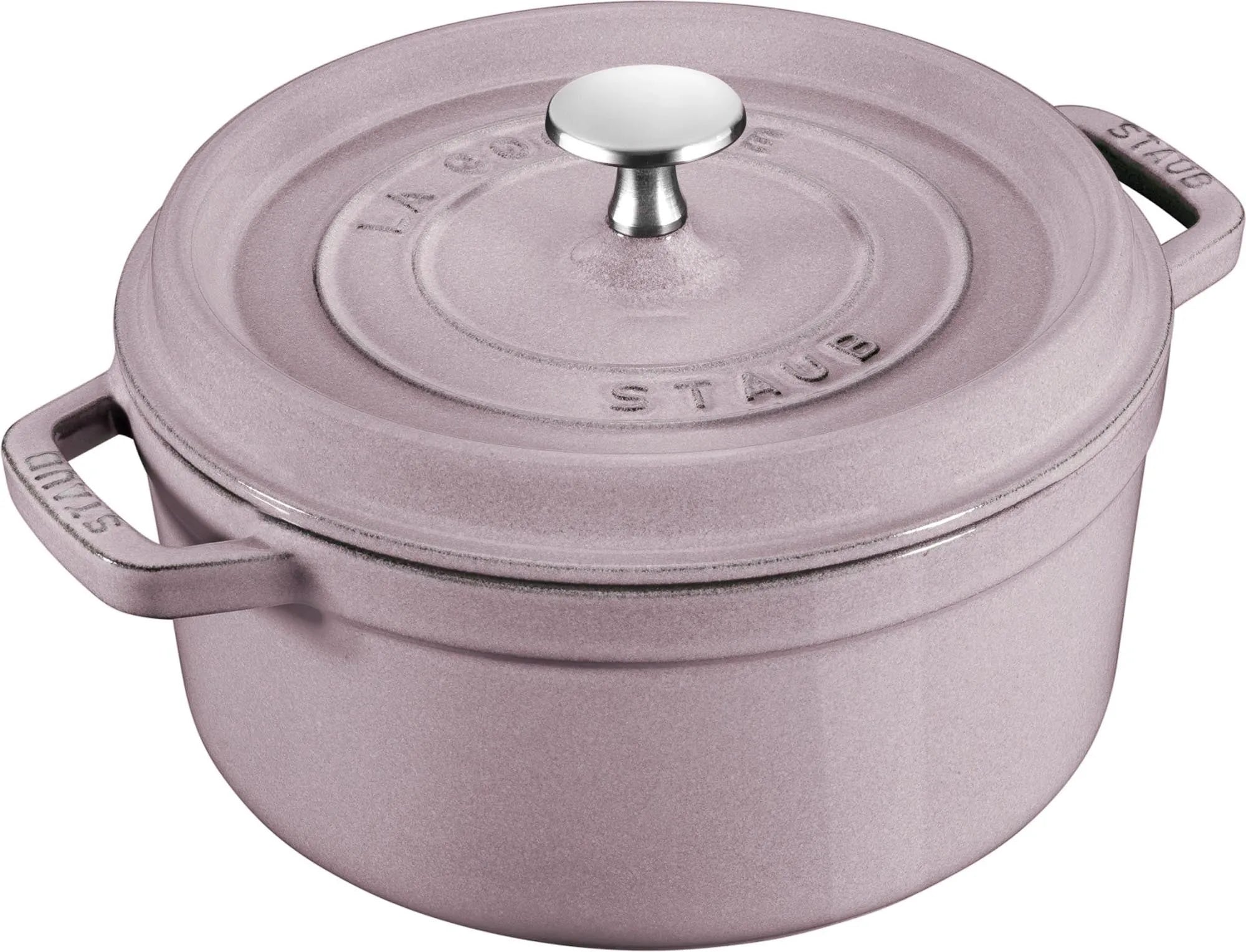 Die Staub Cocotte 20 cm in Kirschblüte aus Gusseisen (2.2l) bietet exzellente Wärmeleitung, ideal für Eintöpfe und Schmorgerichte.