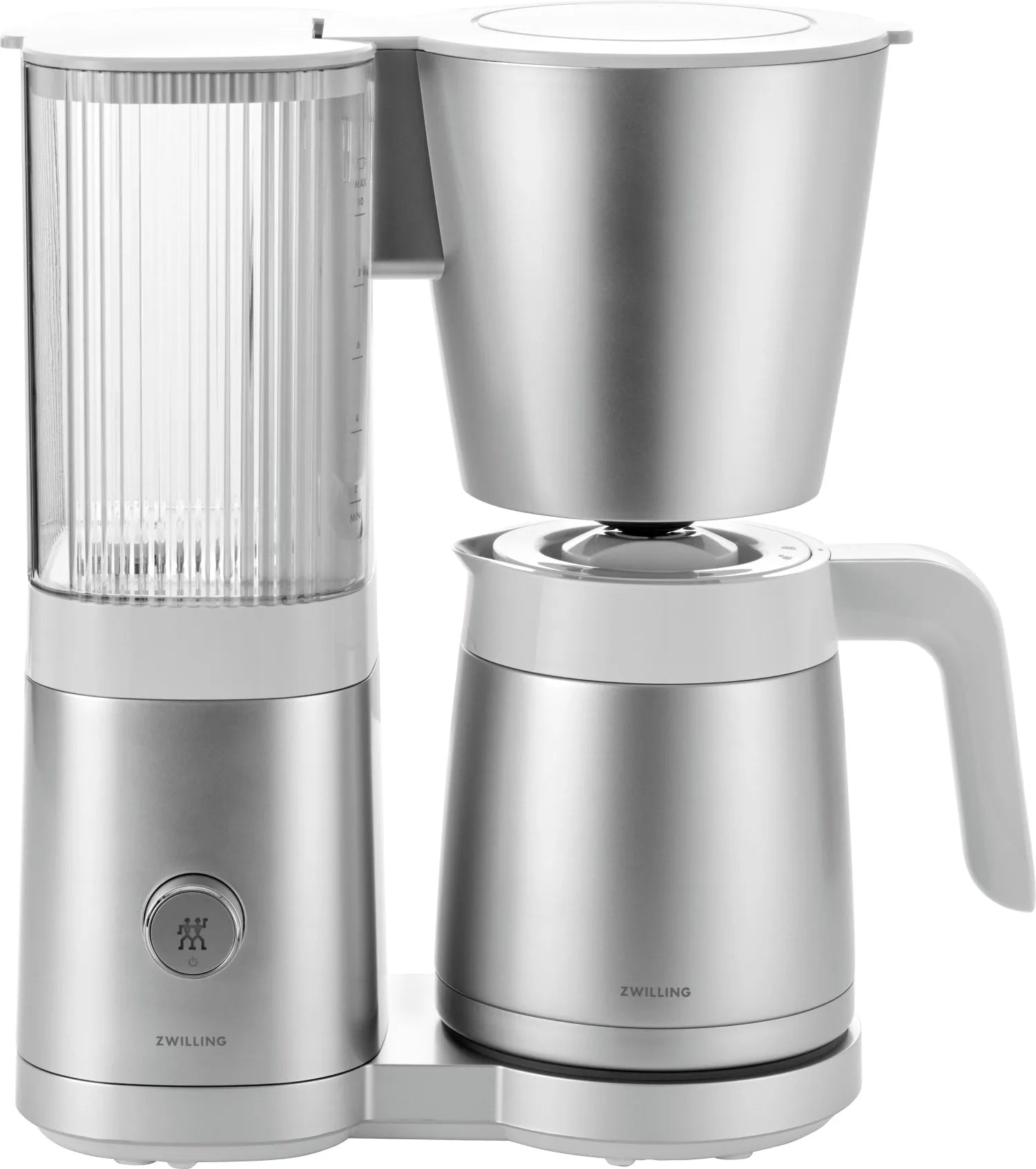 Elegante Zwilling Enfinigy Filterkaffeemaschine in Silber mit 1,25l Thermokanne für optimalen Kaffeegenuss und modernes Design.