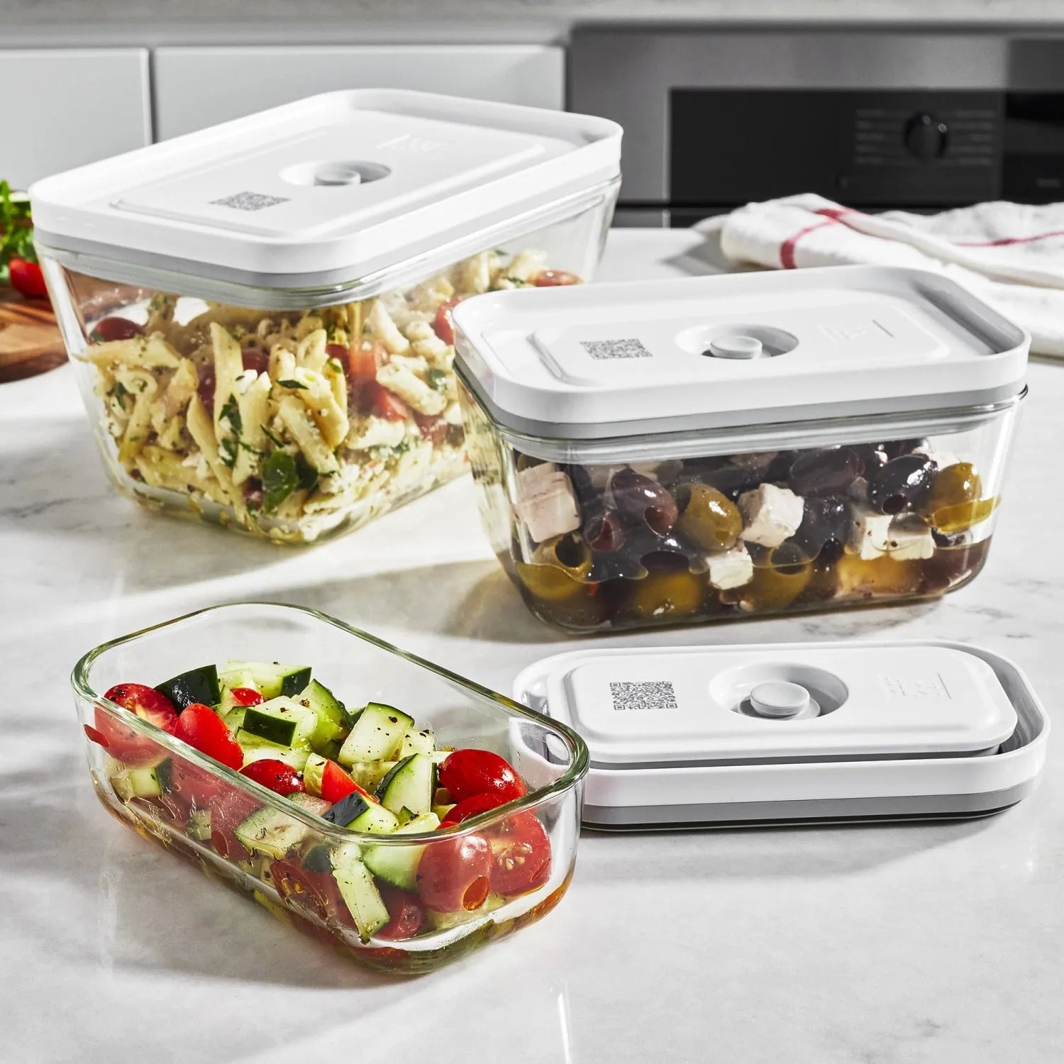 Zwilling Vakuumboxen: 3 Größen, Borosilikatglas, Vakuumfrische, luftdicht, spülmaschinenfest, ideal für Küche & Meal Prep.