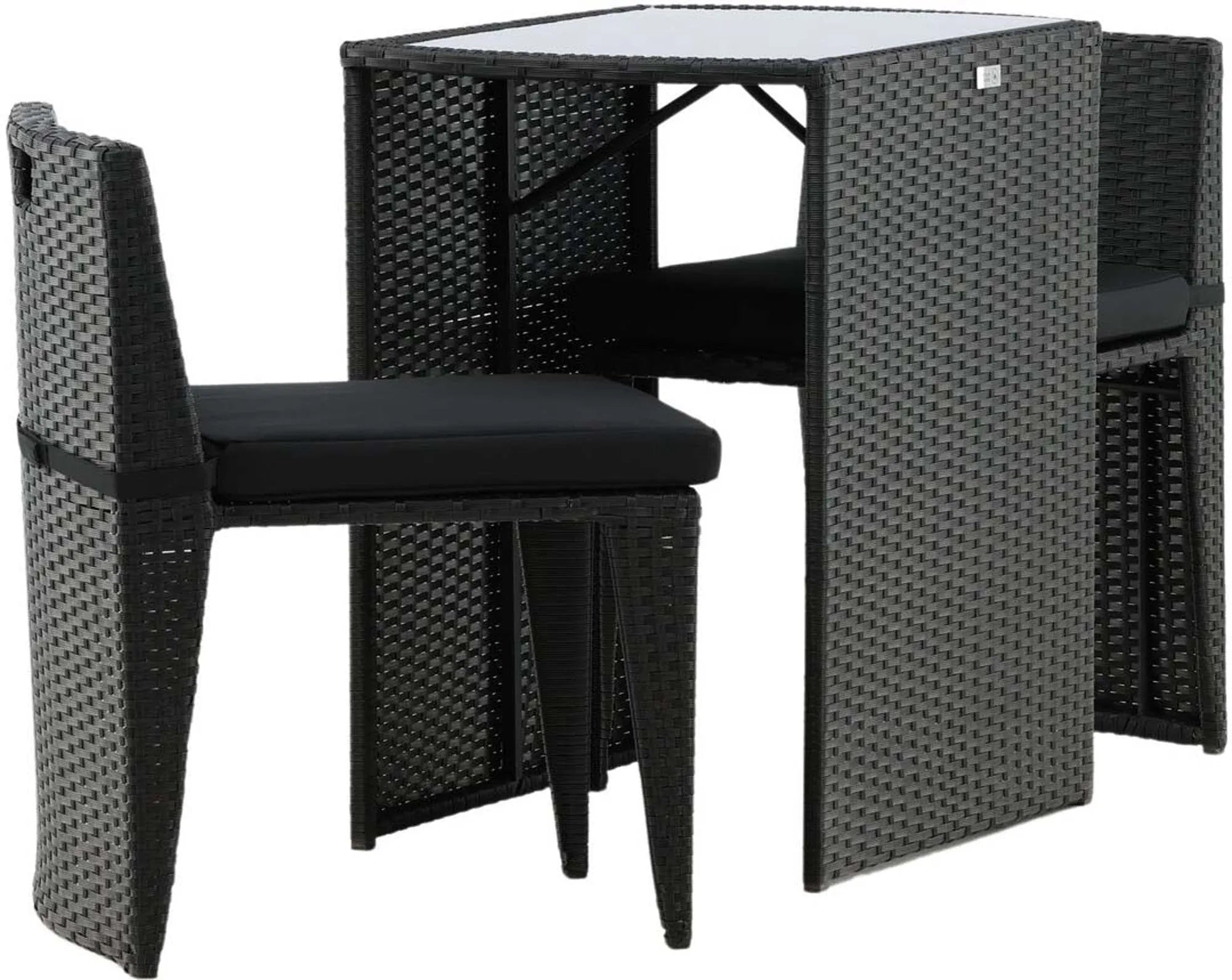 Elegantes Savanna Café Outdoorset: 2 Stühle, Tisch mit Glasplatte, robustes Kunstrattan, UV-beständig, wasserabweisend.