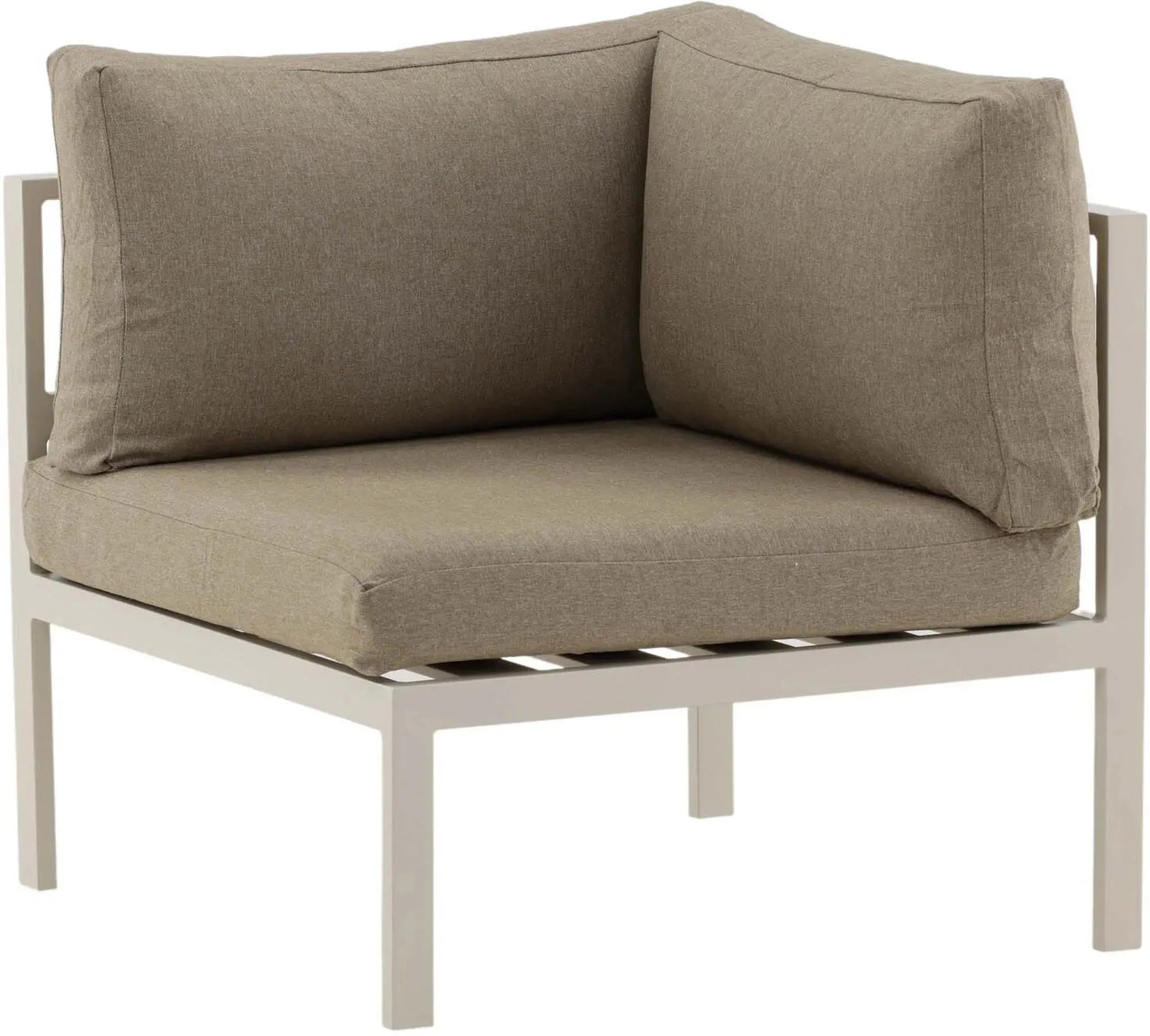 Das Copacabana Sofa Corner von Venture Home: Elegantes, beiges Lounge-Sofa mit grauen Kissen, aus langlebigem Aluminium für stilvolle Outdoor-Entspannung.