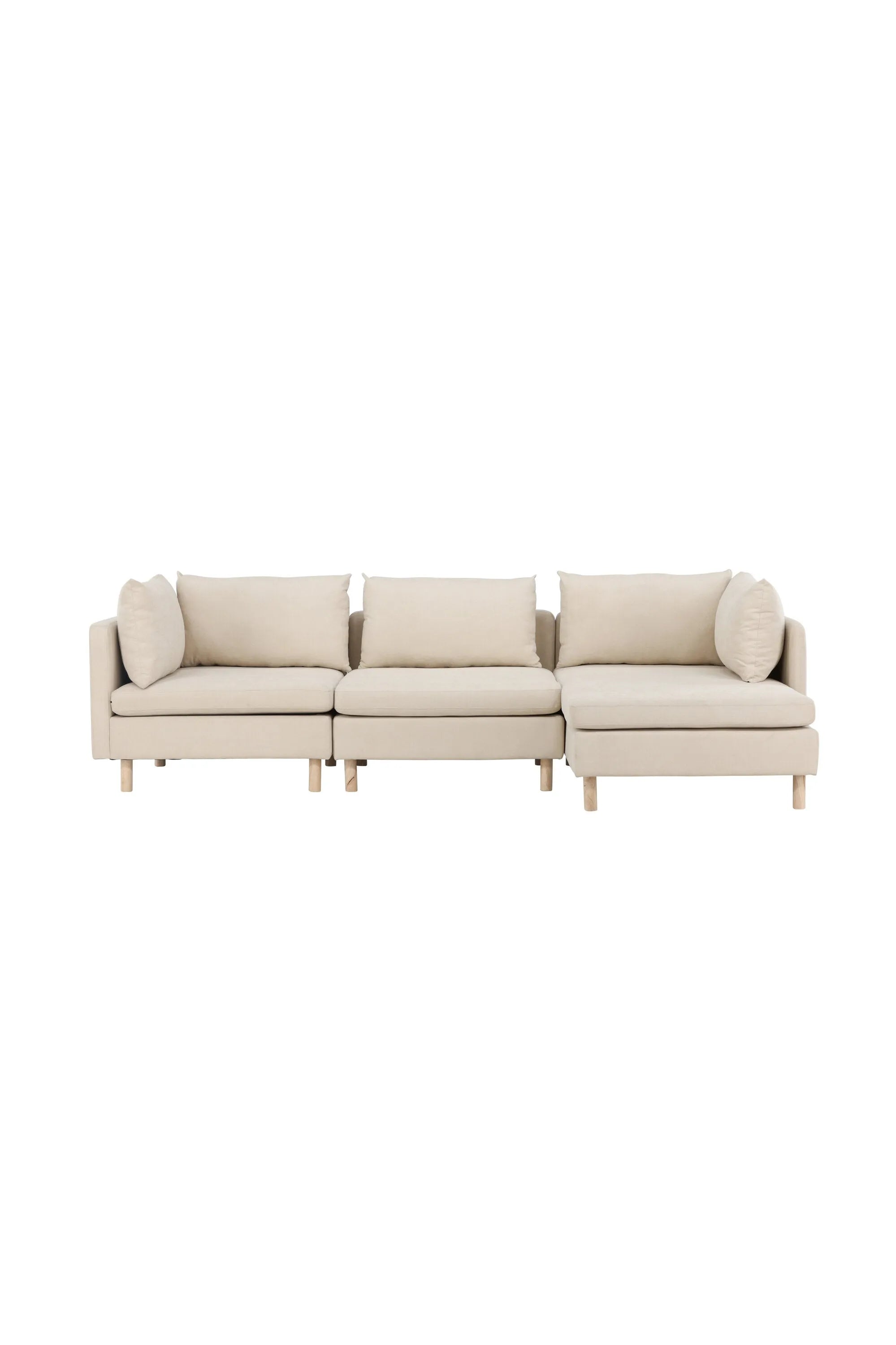 Elegantes Zero-Sofa in Beige: Komfort & Stil, weicher Polyester, helle Holzbeine, großzügige Kissen, 277x83/152x83cm.