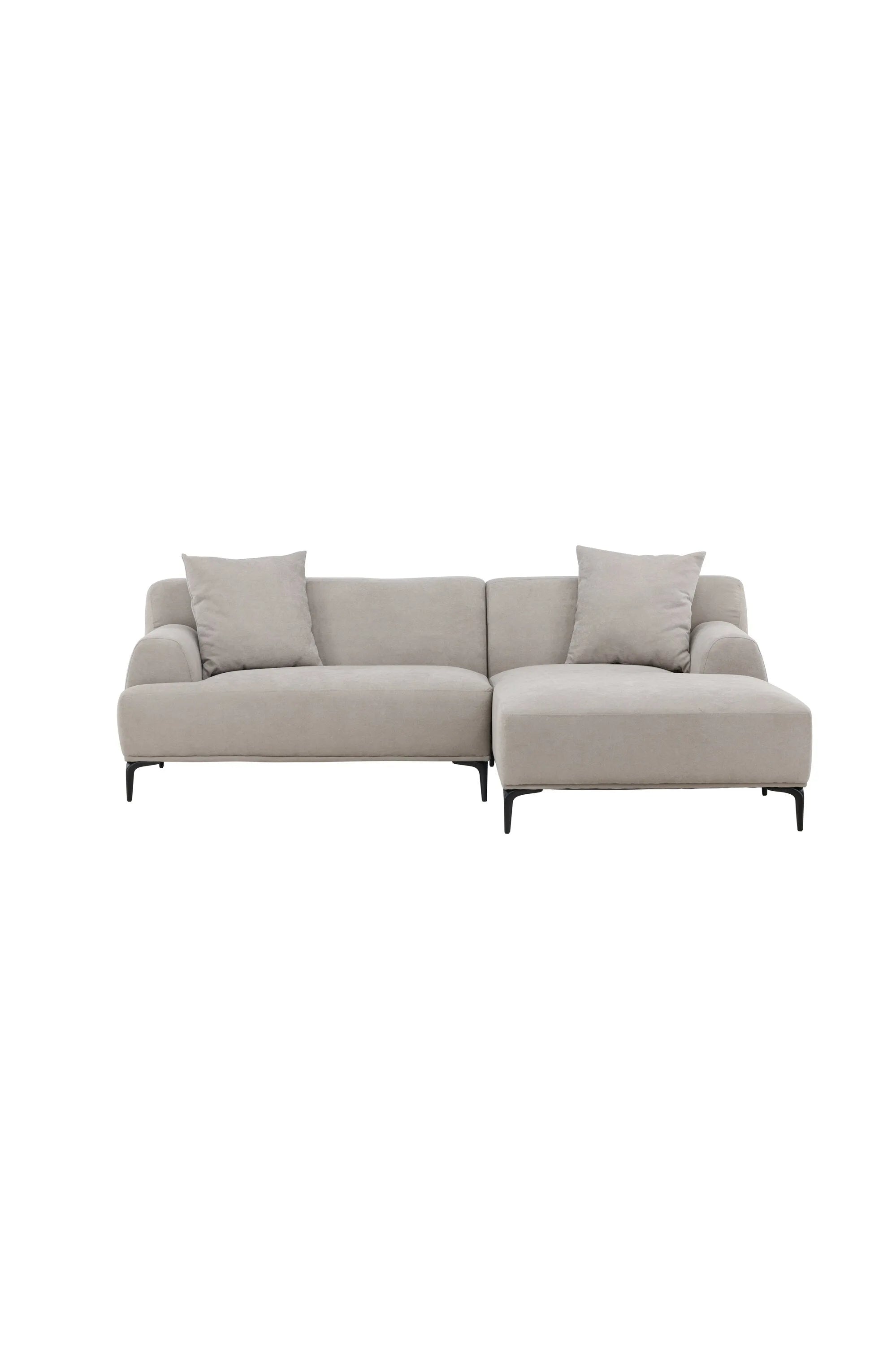 Modernes, graues 3-Sitzer-Sofa mit Diwan, robustem Polyesterstoff, schlanken Metallbeinen und inkl. Kissen.