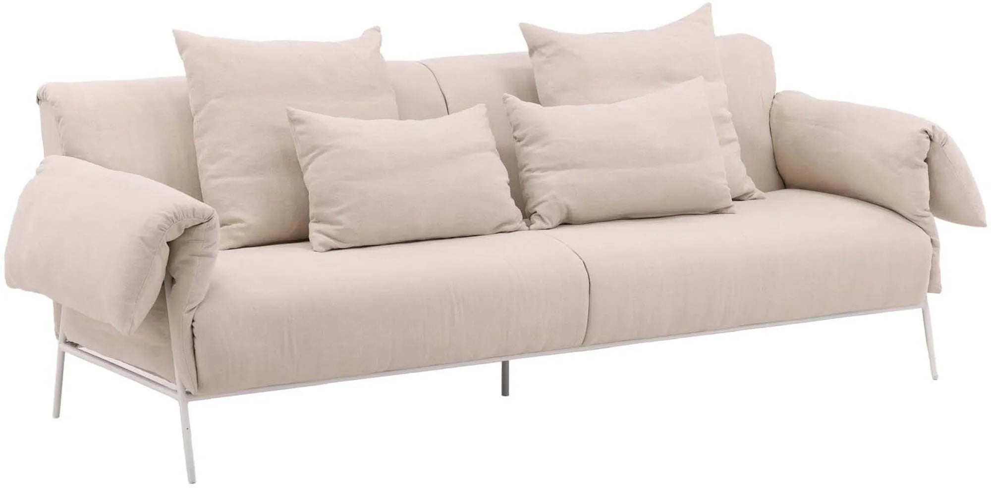 Elegantes Öckerö Sofa von Vind: Skandinavisches Design, weiße Stahlkonstruktion, bequeme Leinenkissen, vielseitig und langlebig.