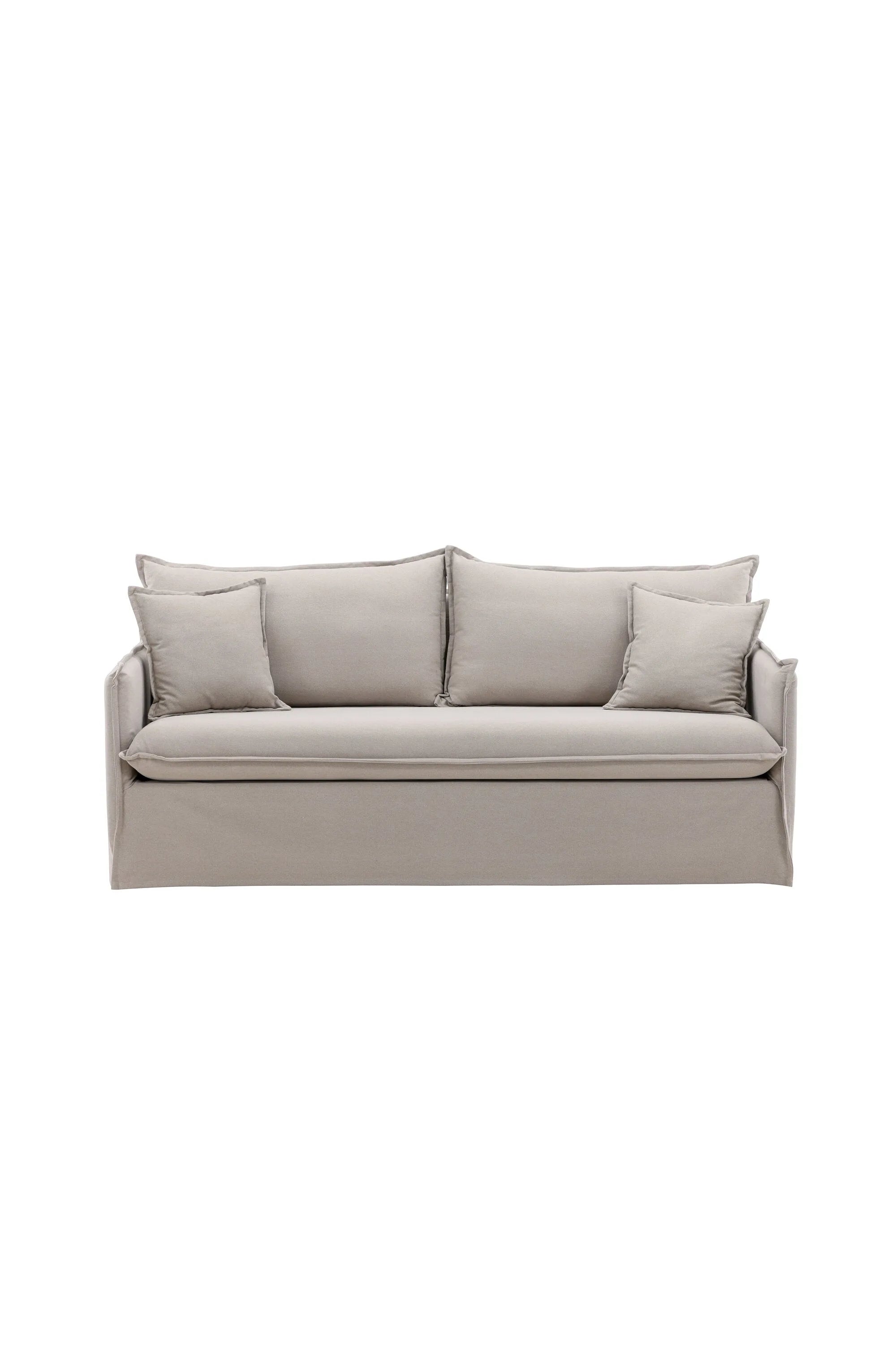 Nova 3-Sitzer Sofa: Stilvolles, bequemes Design mit braunem Leinenstoff und praktischem Rock für einfaches Staubsaugen.