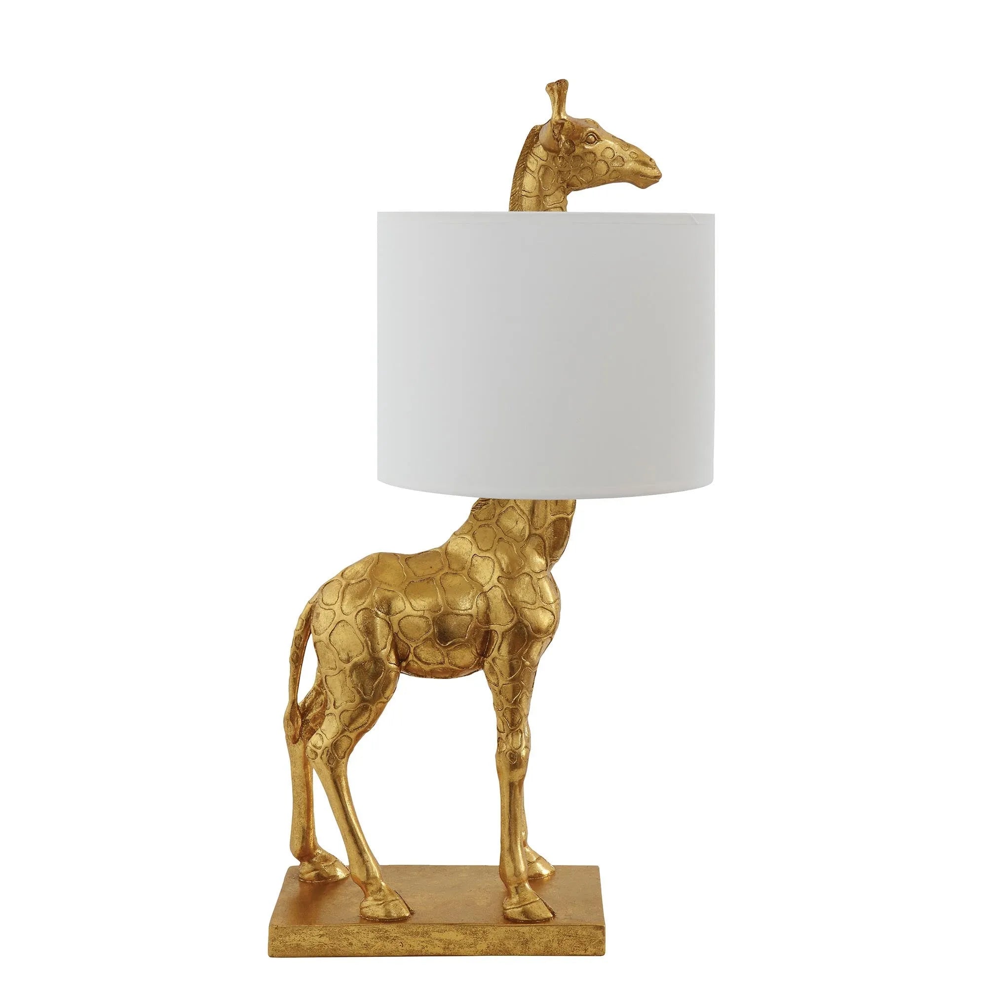 Elegante Silas Tischlampe: Goldene Giraffe aus Polyresin, 70 cm hoch, mit Leinenlampenschirm. Exklusives Design für stilvolle Akzente.