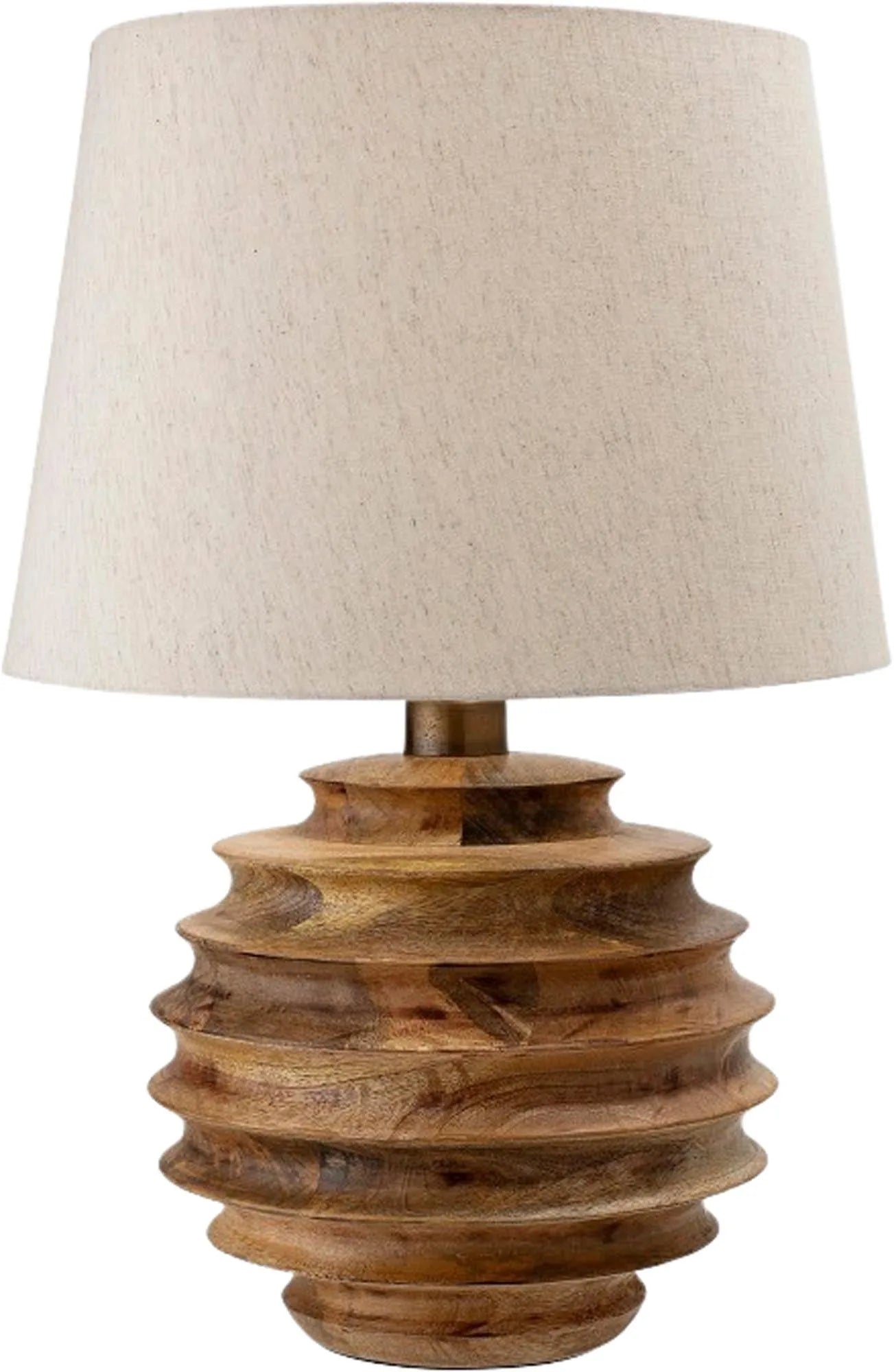 Svale Tischlampe aus Mangoholz: Eleganz und Wärme mit natürlicher Maserung und sanftem Baumwollschirm für stilvolle Akzente.