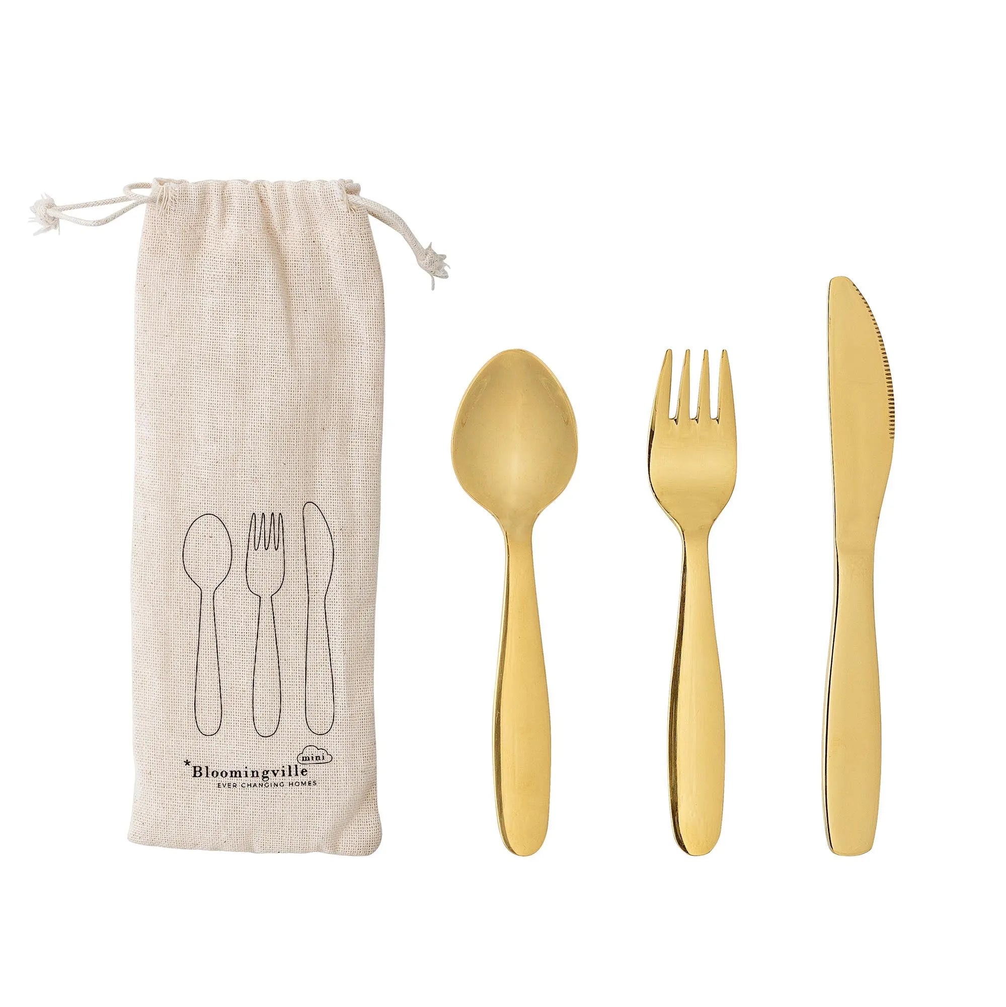 Das Ally Besteckset von Bloomingville Mini: Gold, Edelstahl, langlebig, glamourös, spülmaschinenfest, ideal für elegante Anlässe.