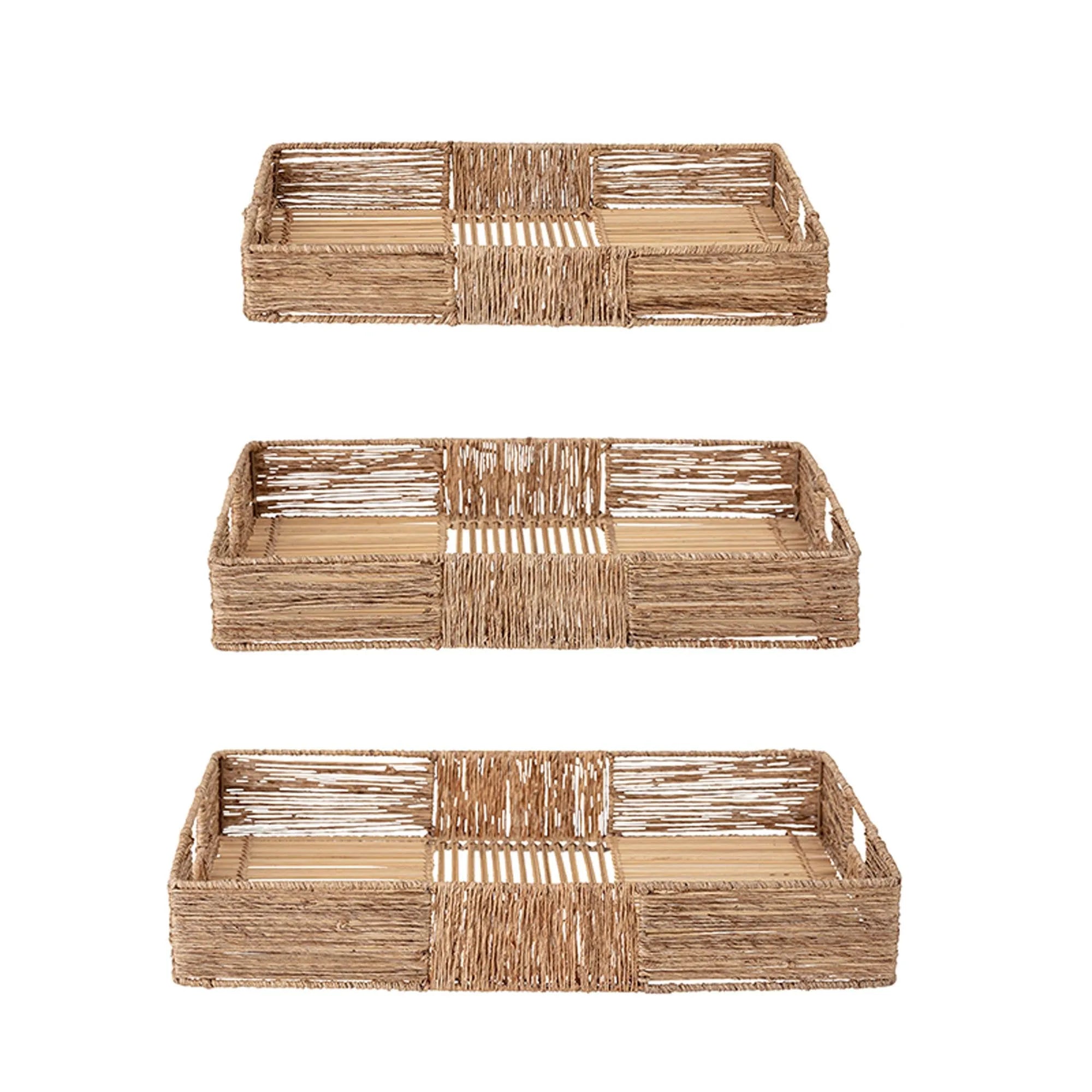 Das Lecia Tray Set von Bloomingville: Stilvolle Tabletts aus Jute, Bambus und Metall, ideal für nachhaltige Eleganz und vielseitige Nutzung.