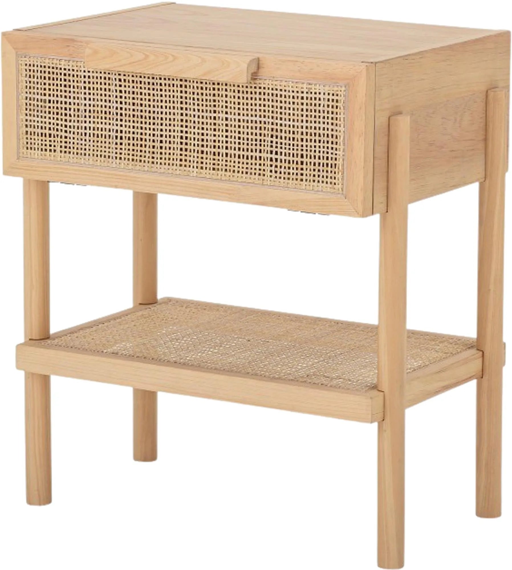 Eleganter Beistelltisch aus Kiefer mit Rattan-Details, ideal für kleine Räume und vielseitig einsetzbar.