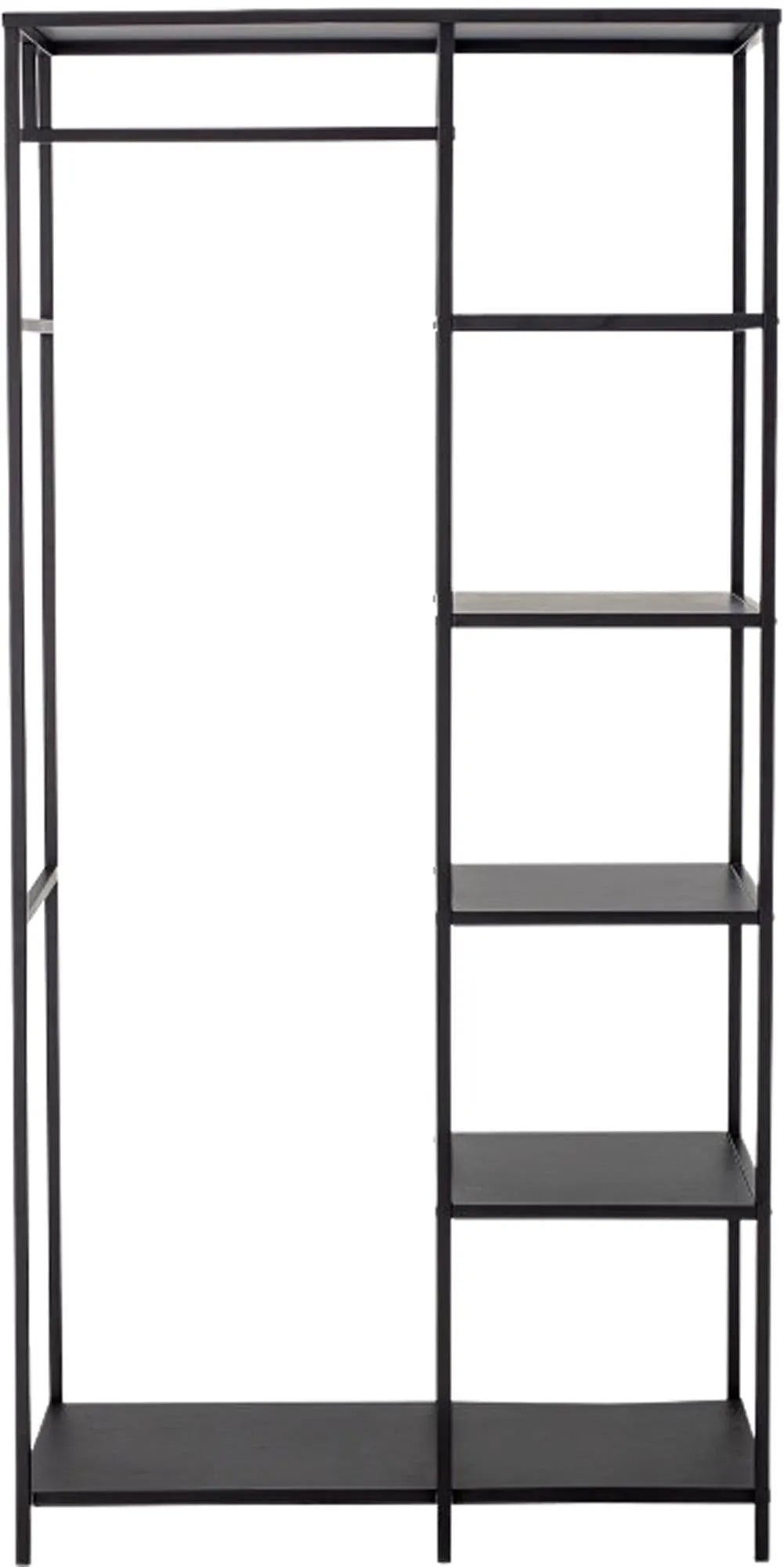 Stilvolles Valde Clothes Rack von Bloomingville: Schwarzes Eisen, minimalistisch, 5 Ablagen, 33 cm Abstand, 5 kg Tragkraft, unmontiert.